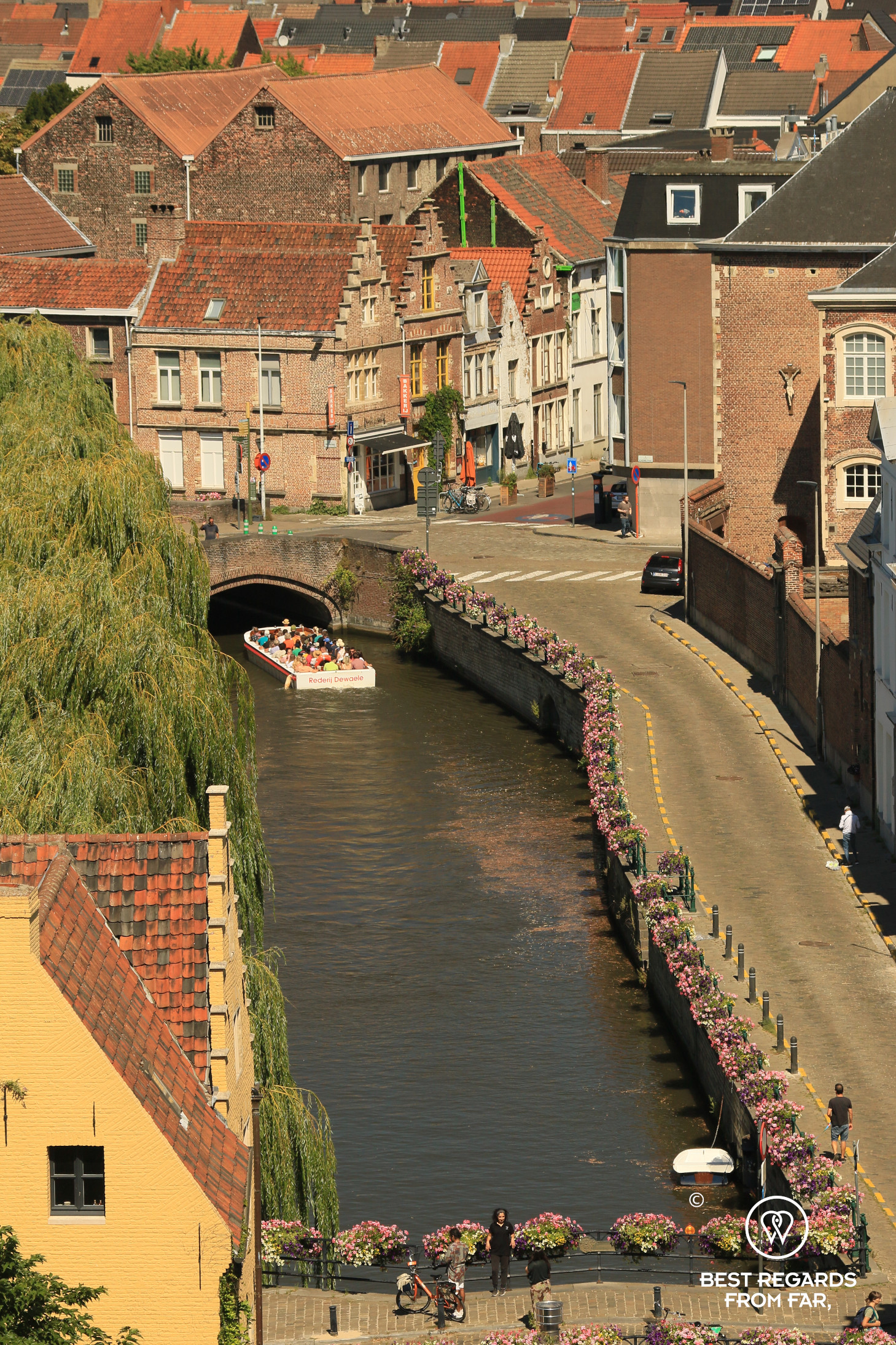 Boat on the canals of Ghent from the sky