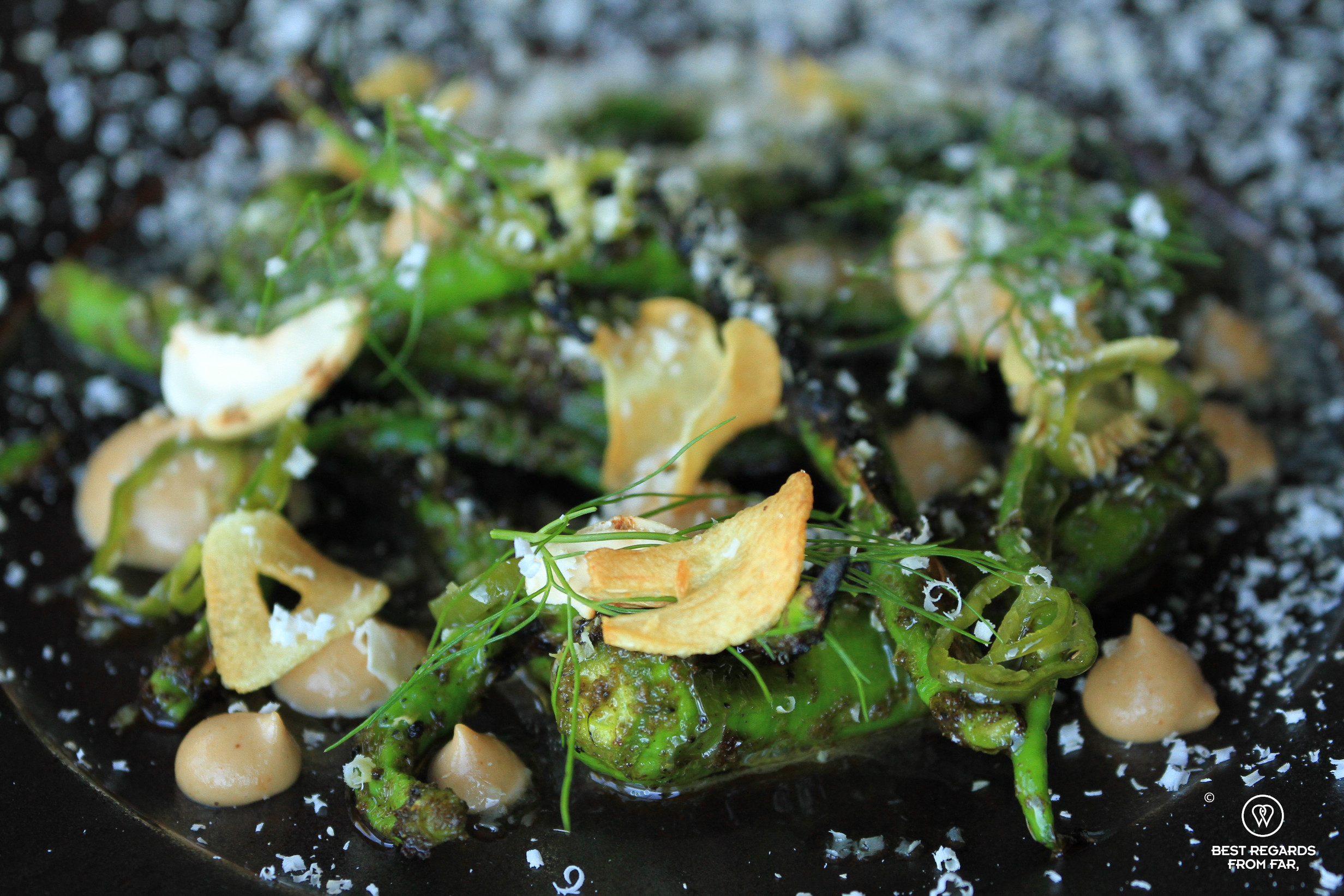 Zoom on vegan coal fired frying peppers, Chefs Warehouse Beau Constantia