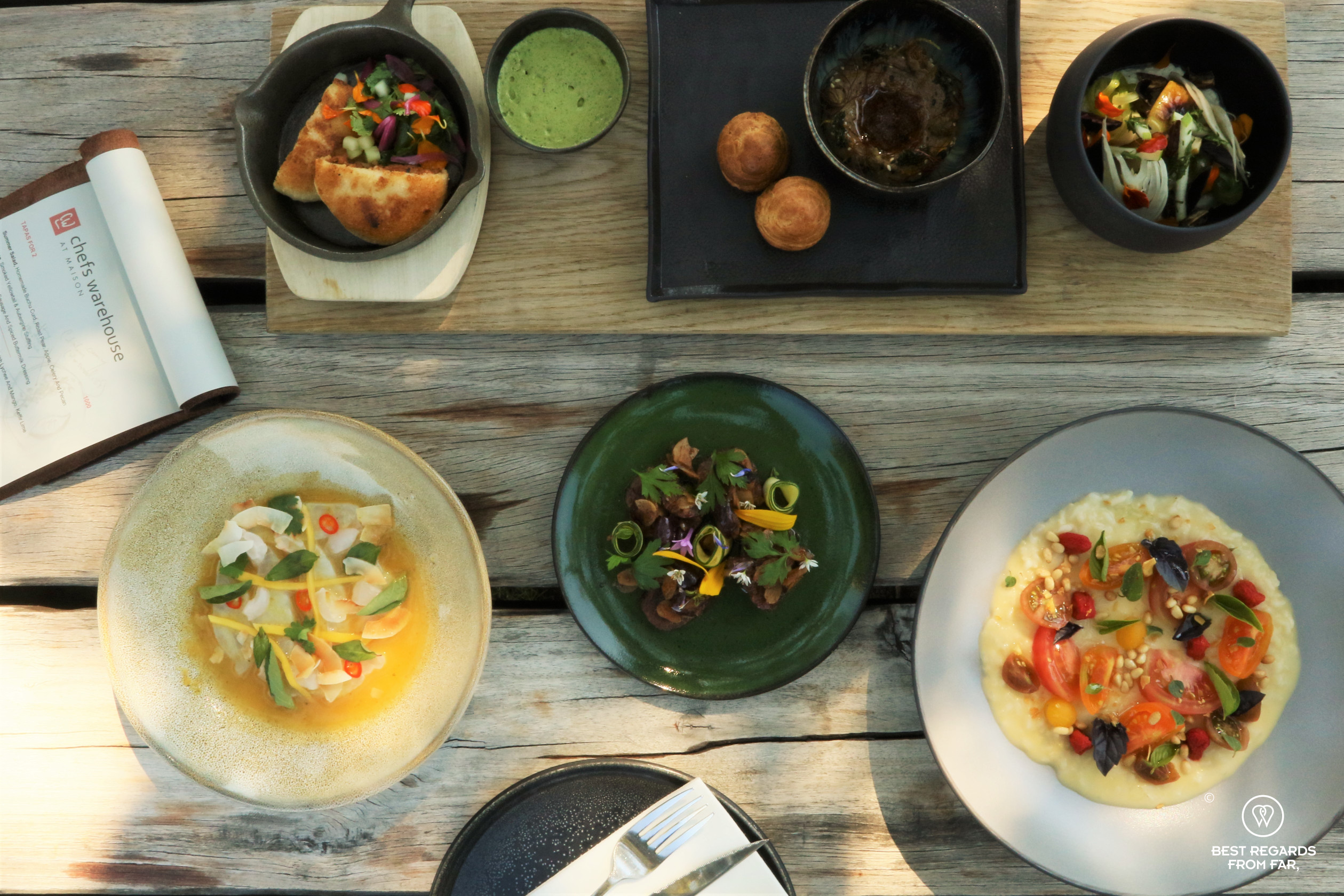 View from the top of tapas for 2 on a wooden table at the Chefs Warehouse at Maison, Franschhoek