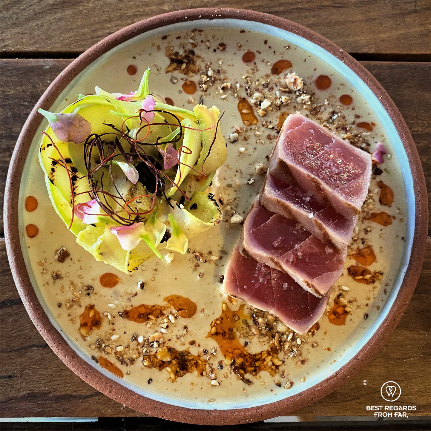 Beautiful plate of seared tuna at the Chefs Warehouse Tintswalo Atlantic taken from the top