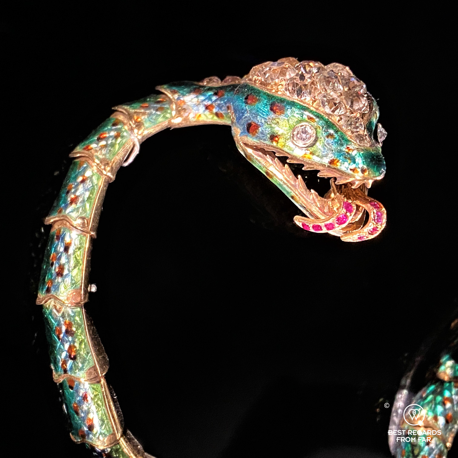 Gold enamel ruby diamond snake bracelet from France at DIVA, Antwerp