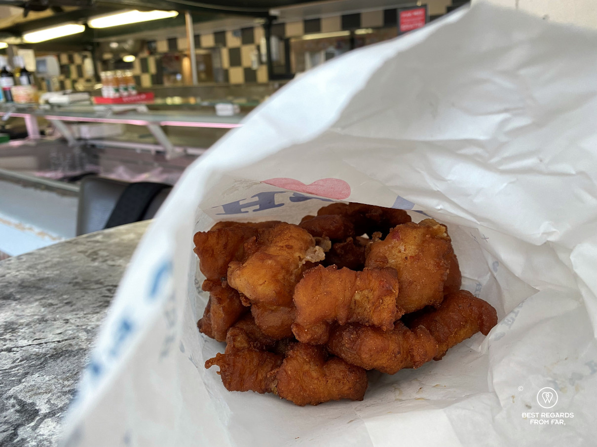 Having kibbeling at the fish market in Delft, The Netherlands