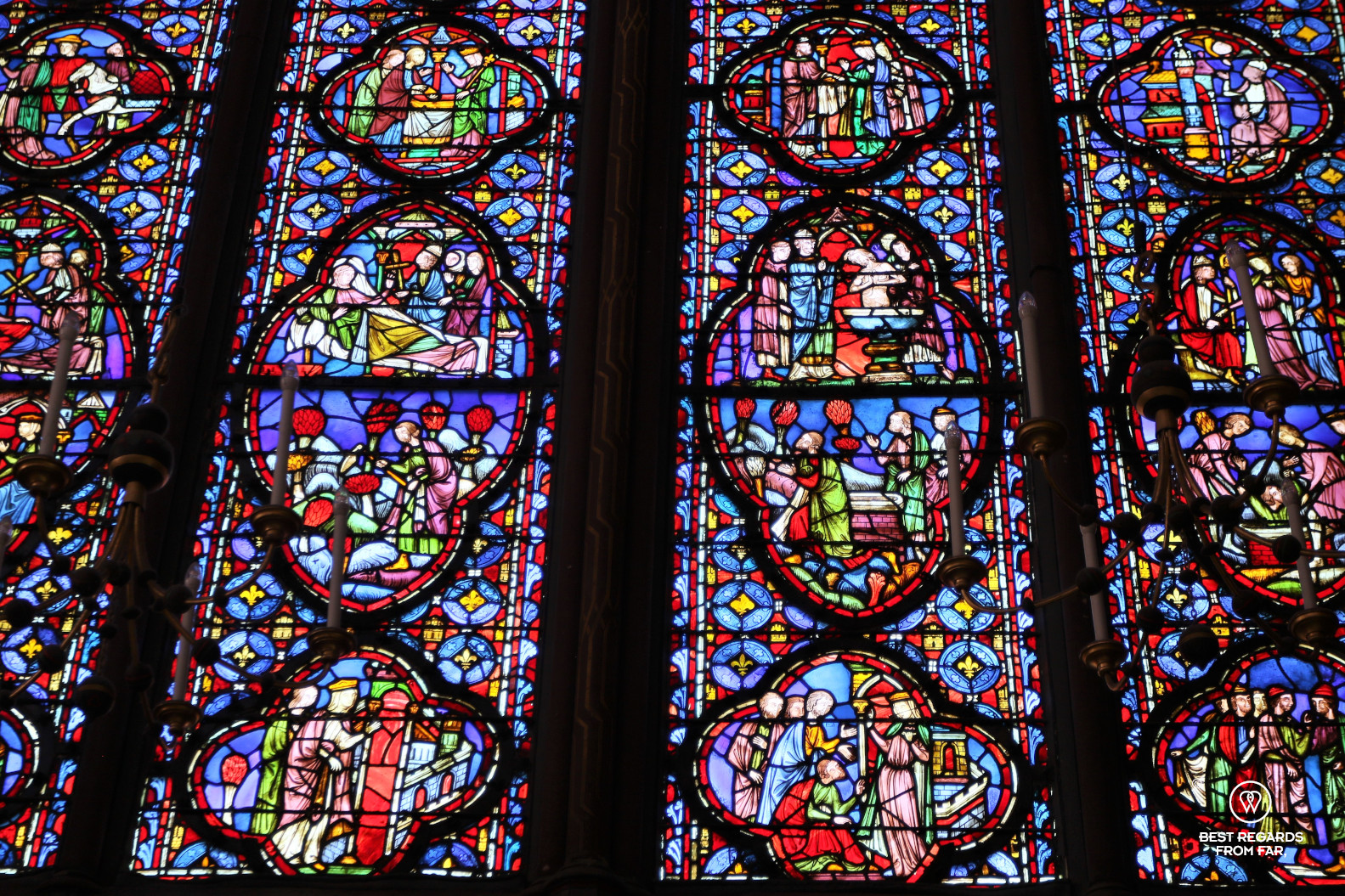 Details in the majestic stained-glass windows of La Sainte Chapelle, Paris, France