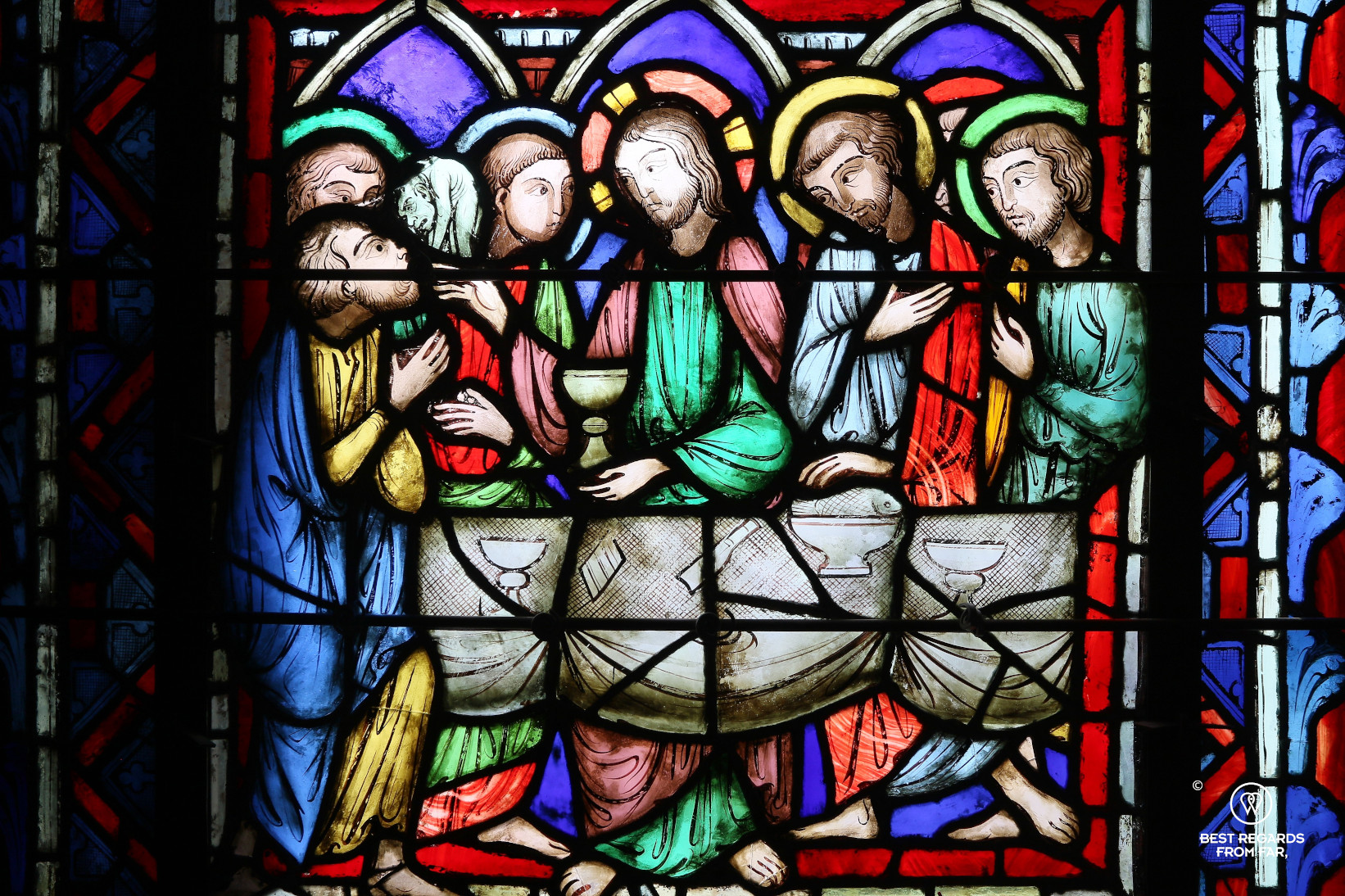The last supper depicted in the stained-glass windows of La Sainte Chapelle, Paris, France