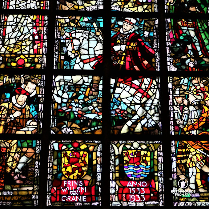 New Church stained-glass window showing William of Orange on a white horse, Delft