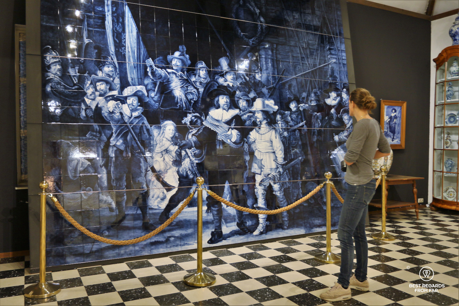 Photographer Marcella van Alphen admiring the Night Watch in Delft Blue, the Royal Delft Museum, the Netherlands