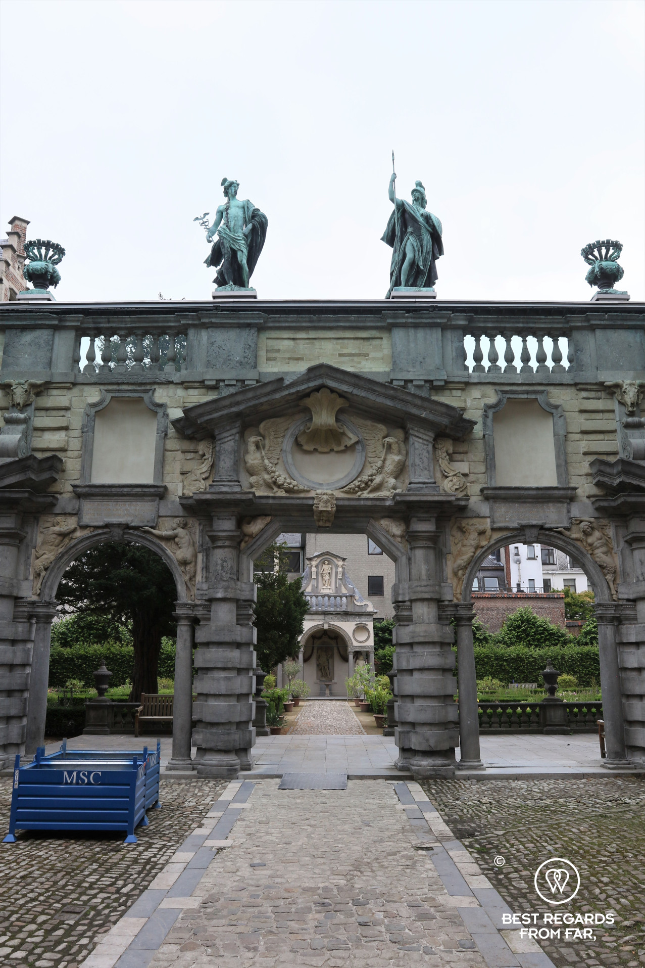 Portico designed by Rubens with two Roman deities, Mercury on the left, the god of painters and Minerva on the right, the goddess of wisdom, Rubens' House, Antwerp