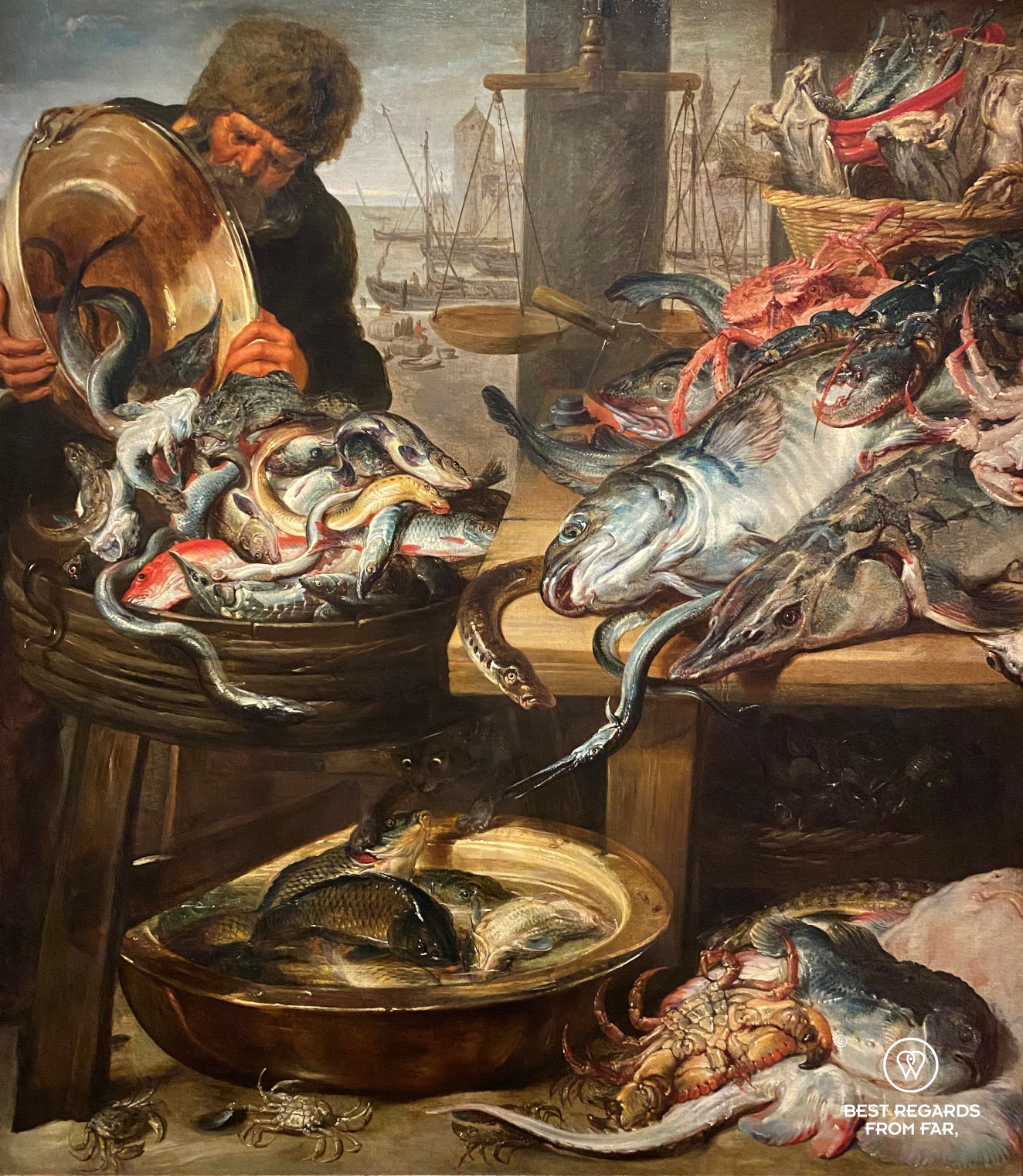 Fish market in Antwerp (1620's) by Frans Snijders, Snijders Rockoxhuis, Antwerp, with sea and river fish and Het Steen and the cathedral in the background.