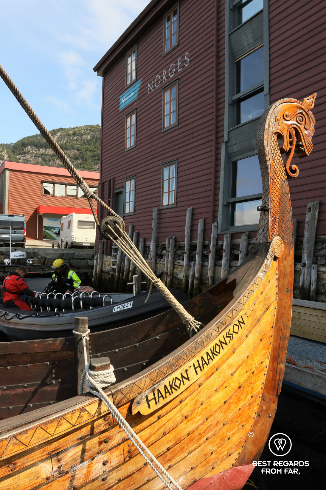 Bergen Fisheries museum with drake and RIB, Bergen, Norway