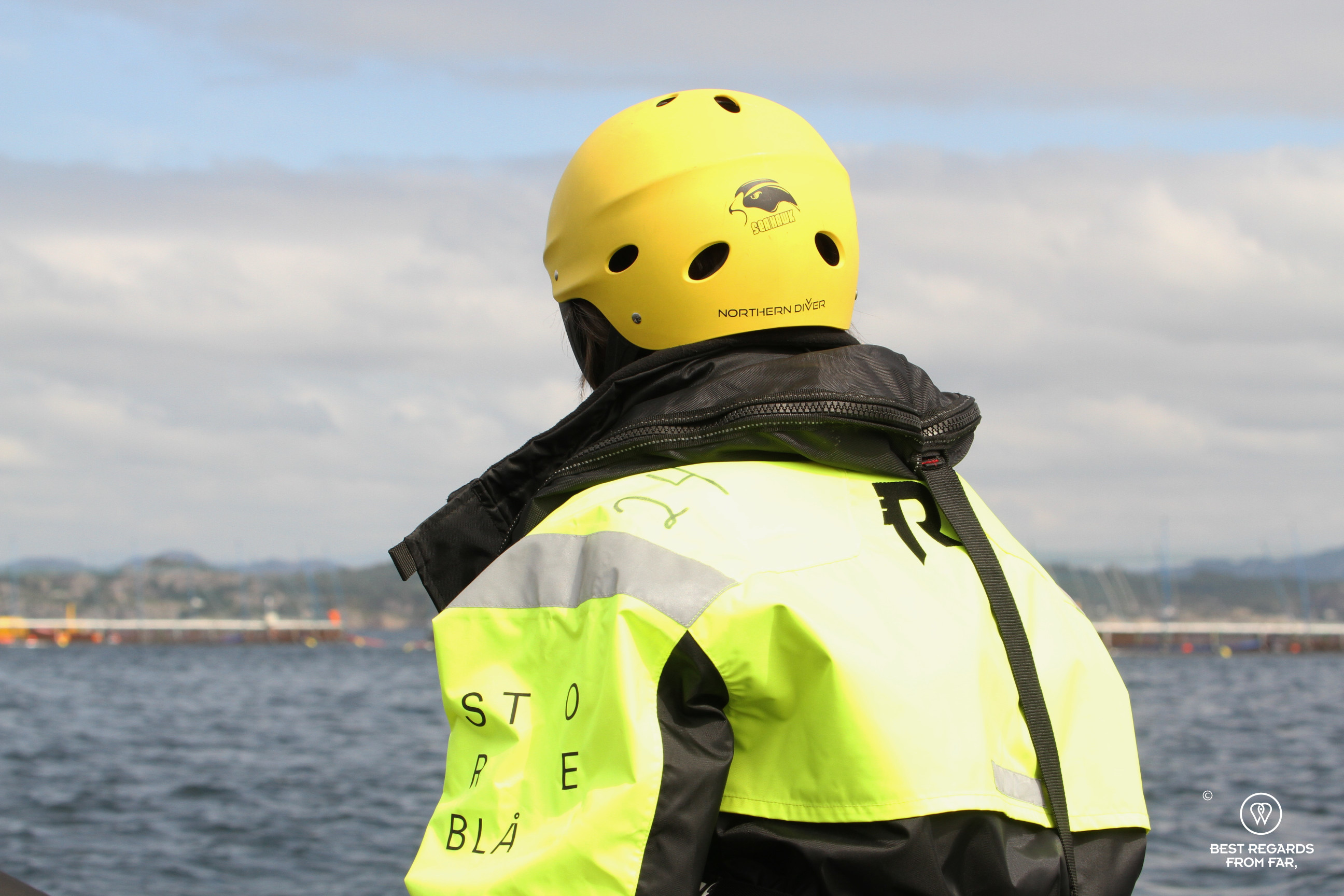 Photographer Claire Lessiau geared up for RIB tour to salmon farm, Bergen