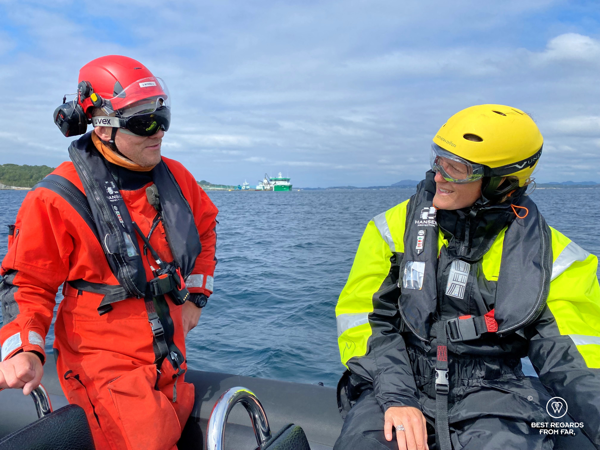 Author Marcella van Alphen on RIB with salmon farm in the background