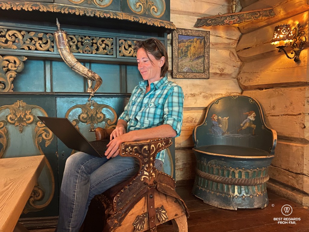 Author Claire Lessiau at work in the cosy Elveseter Hotel, Norway