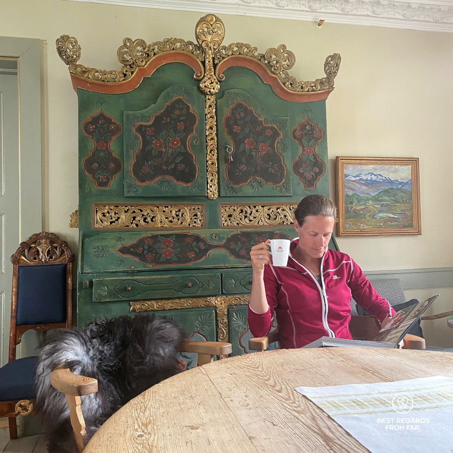 Photographer Marcella van Alphen taking a break at the historic Kongsvold hotel, Norway