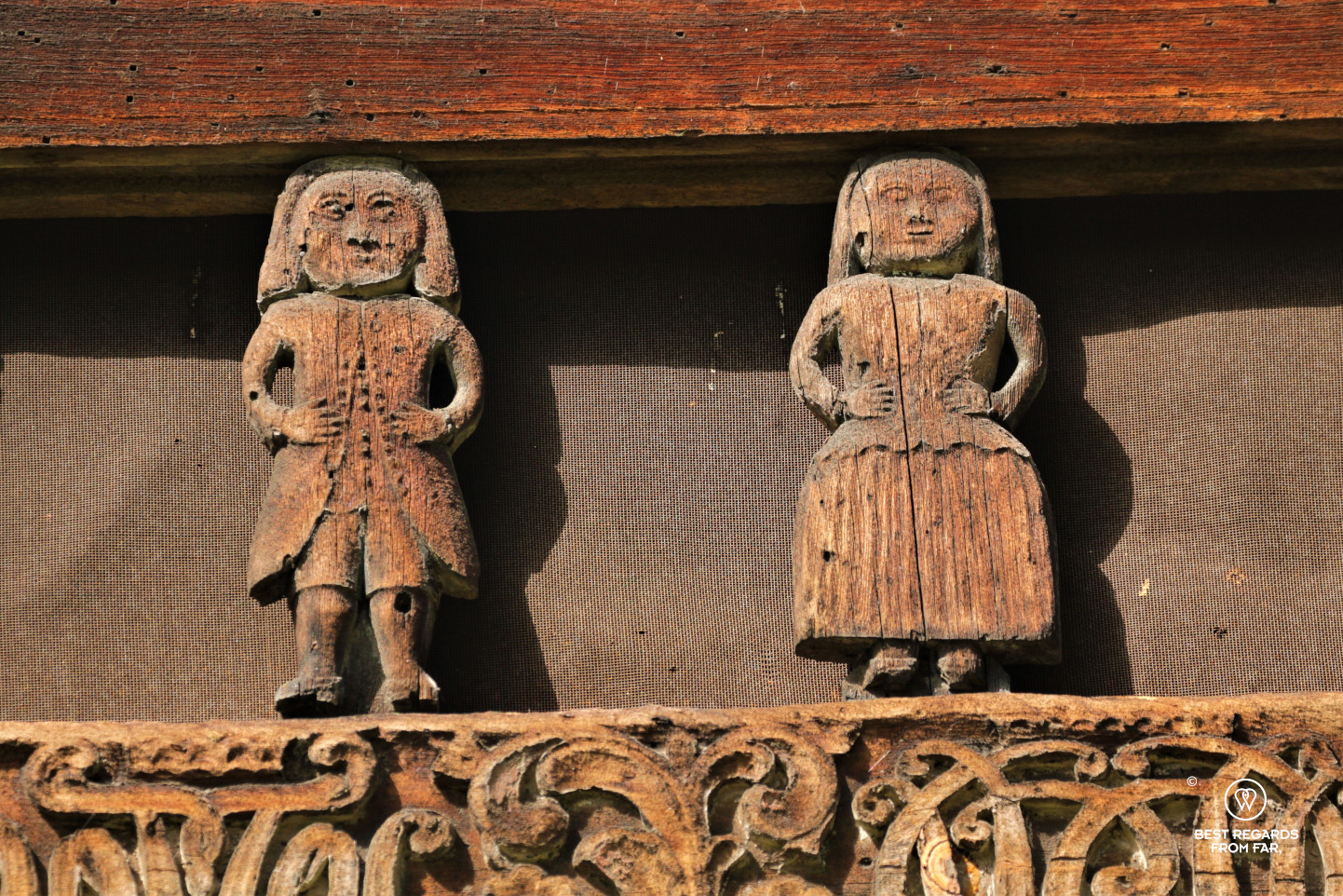 Details of woodcarvings on a loft at the Kviteseid open-air museum, Norway