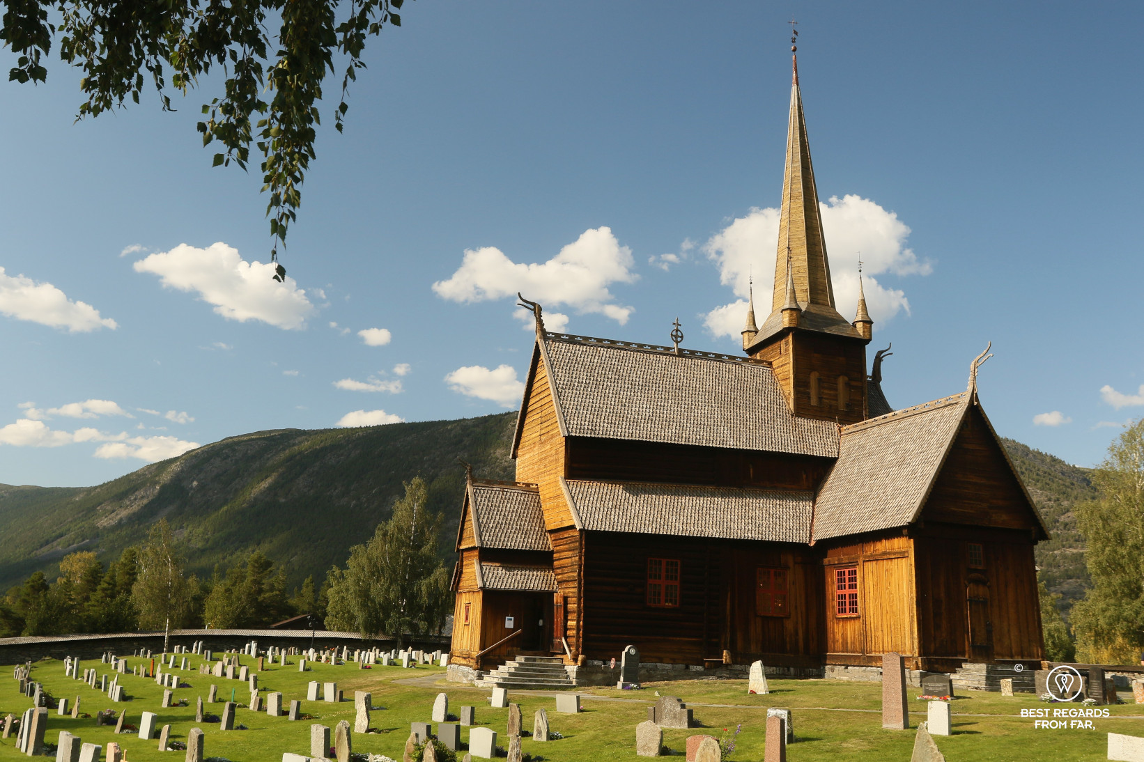 Lom Stave Church against a blue sky