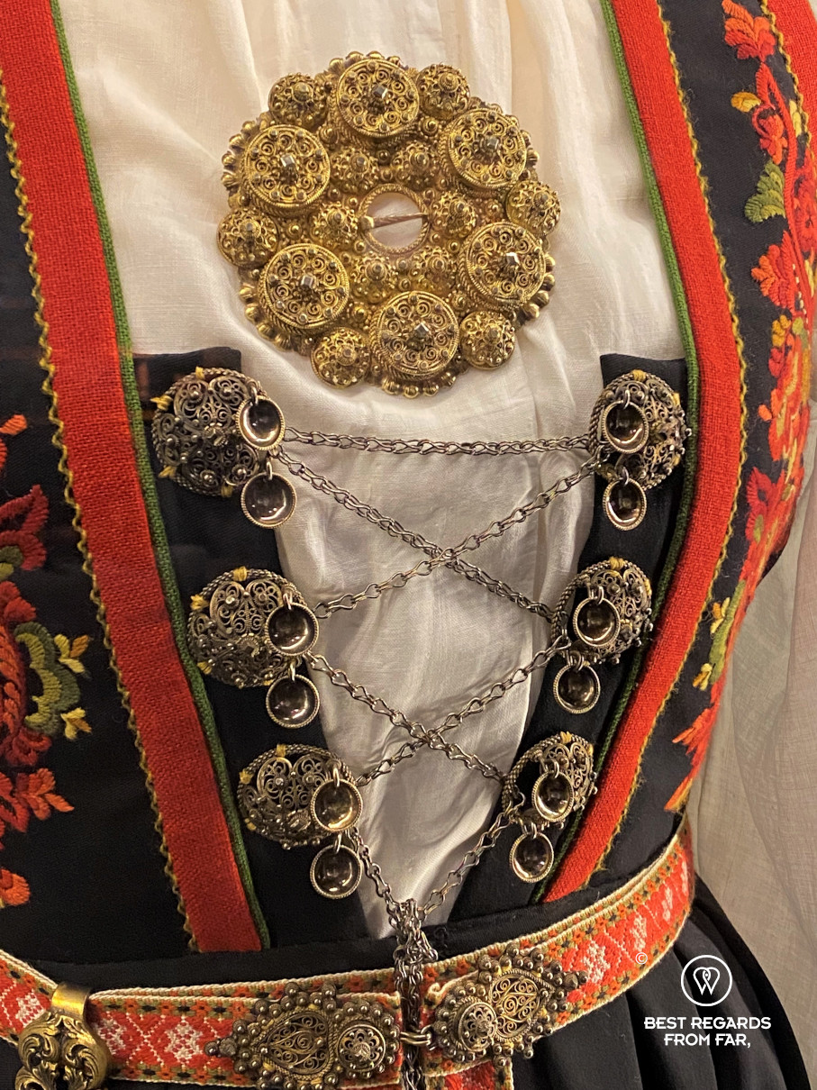 Filigree jewellery on a traditional dress, West Telemark Museum, Norway