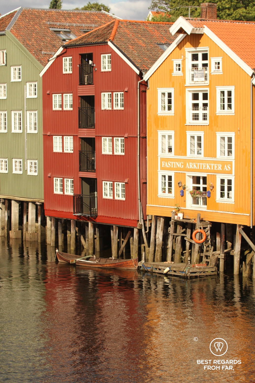 Detail of the wood warehouses on stilts of Bryggen in Trondheim, Norway