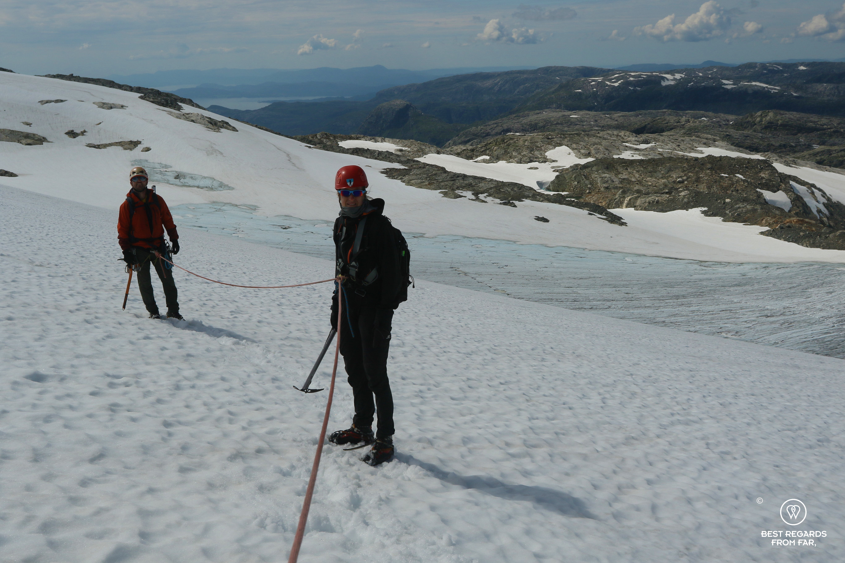 Author Marcella van Alphen progressing on the Fonna Glacier