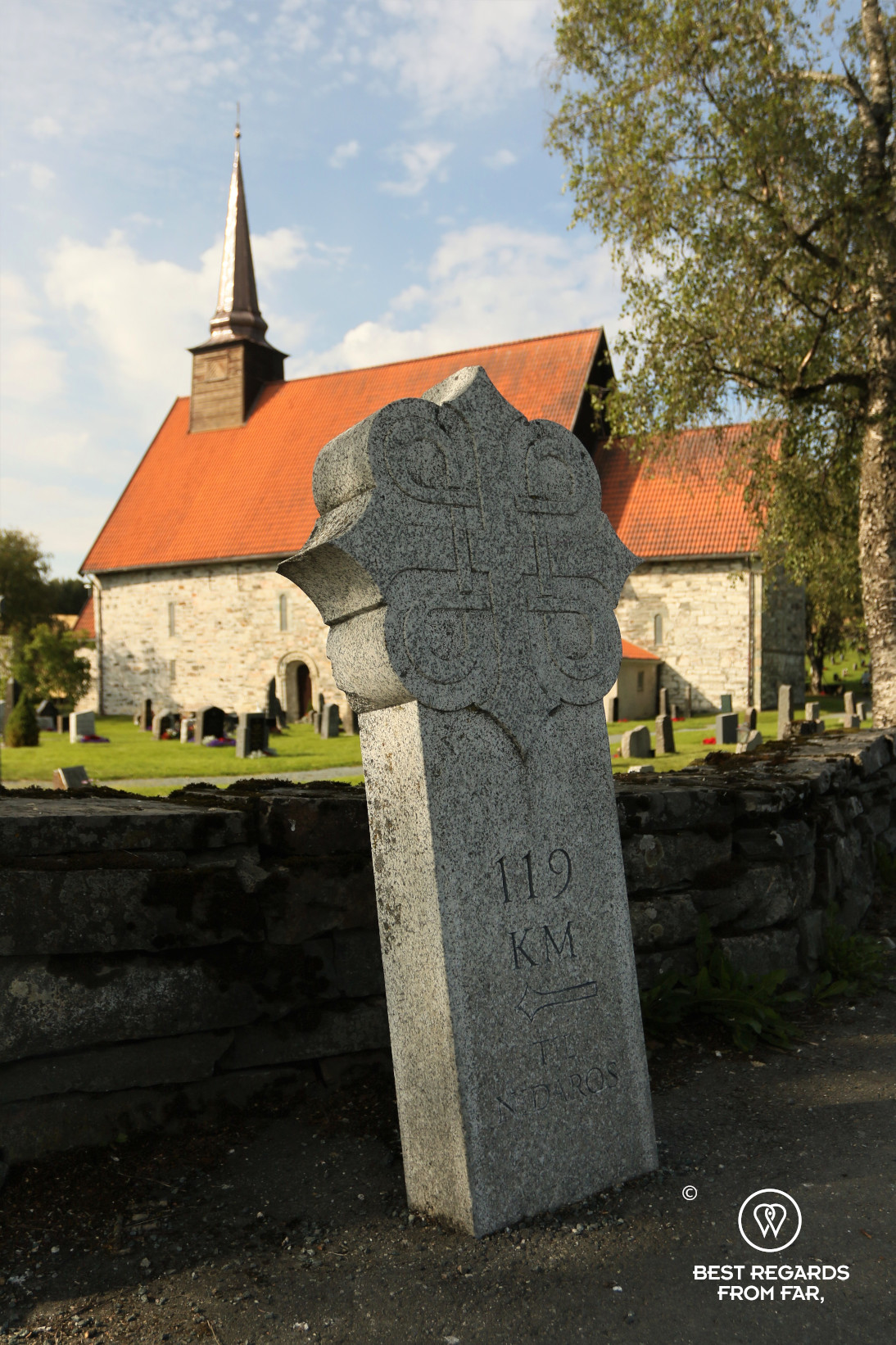 The Stiklestad Church and a pilgrimage post