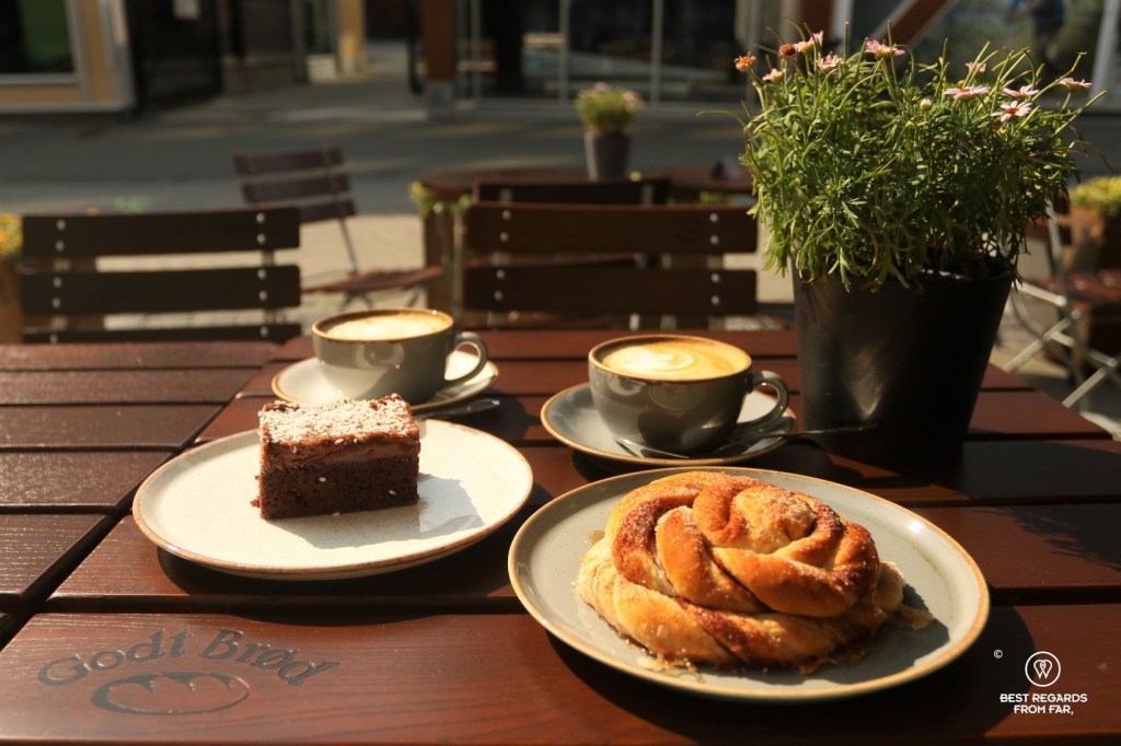 Cappuccinos and cakes at a bakery in Norway