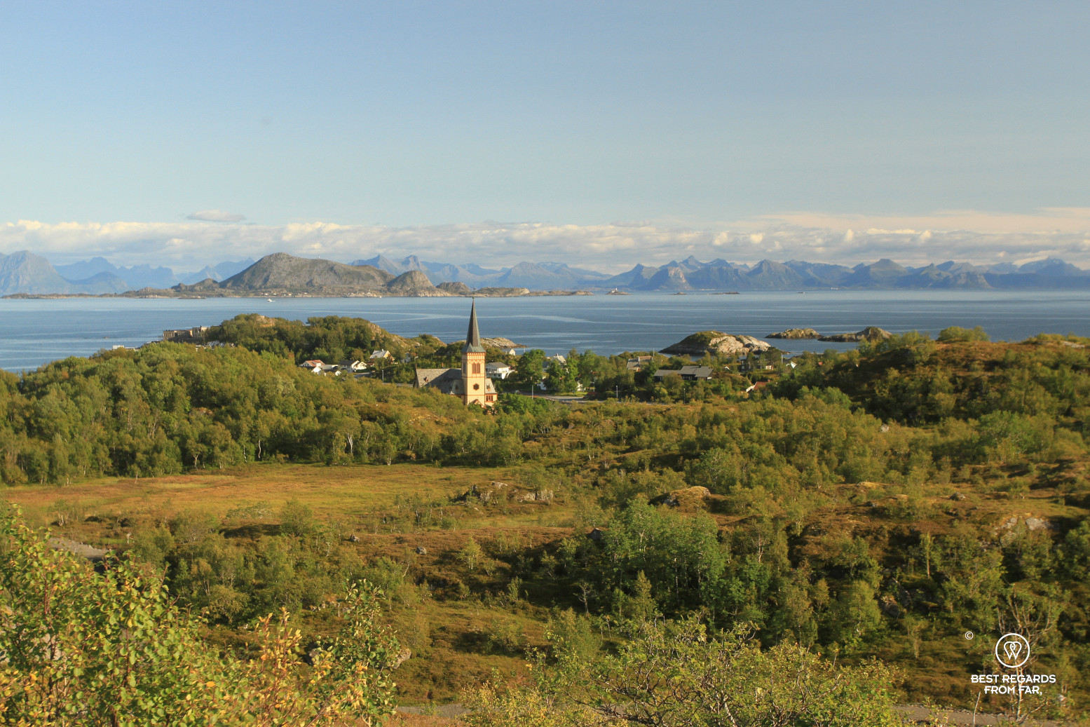 Kavelvag Church with sea and mountains, Lofoten, Norway