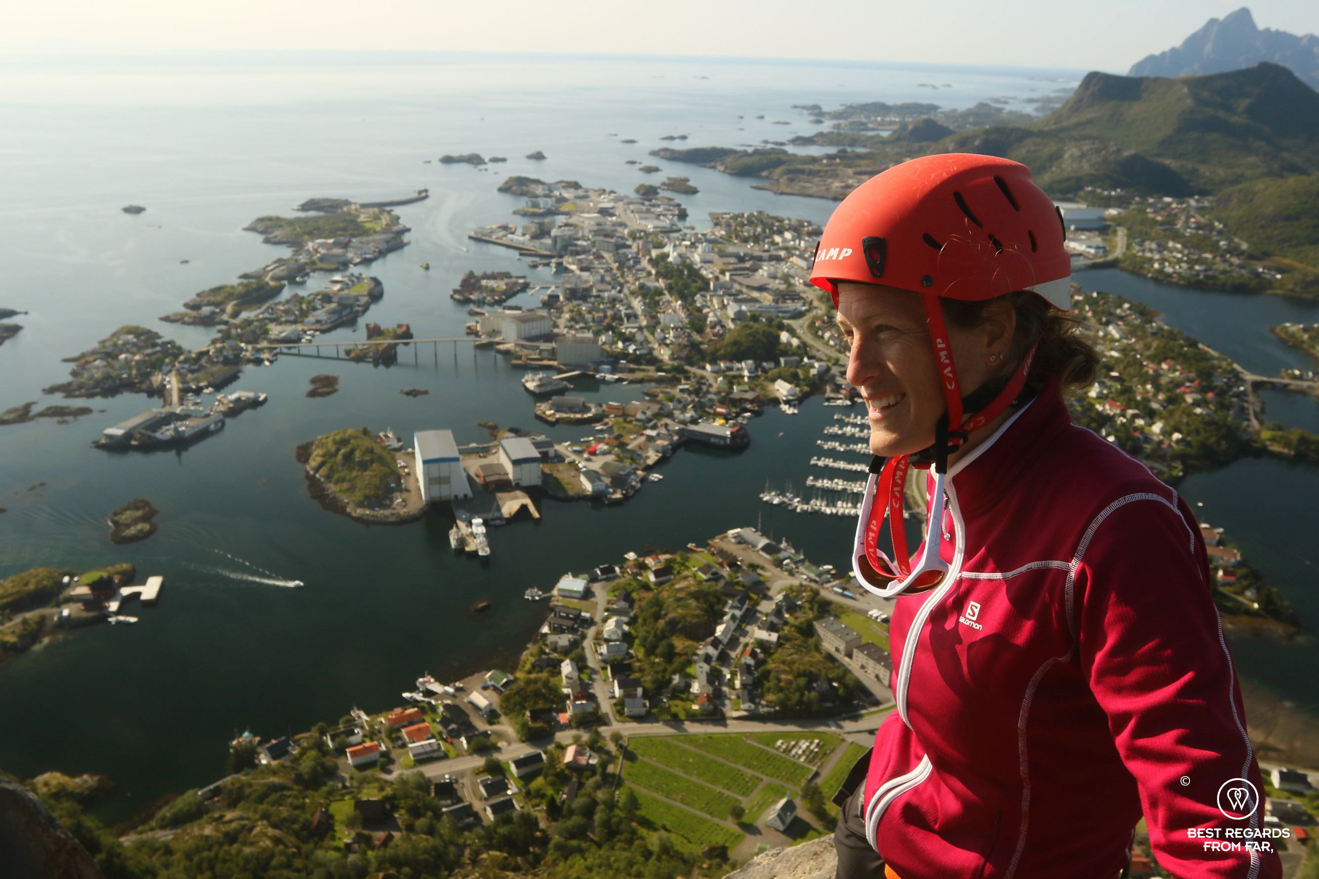 Author Marcella van Alphen on top of the goat, Svolvaer, Lofoten