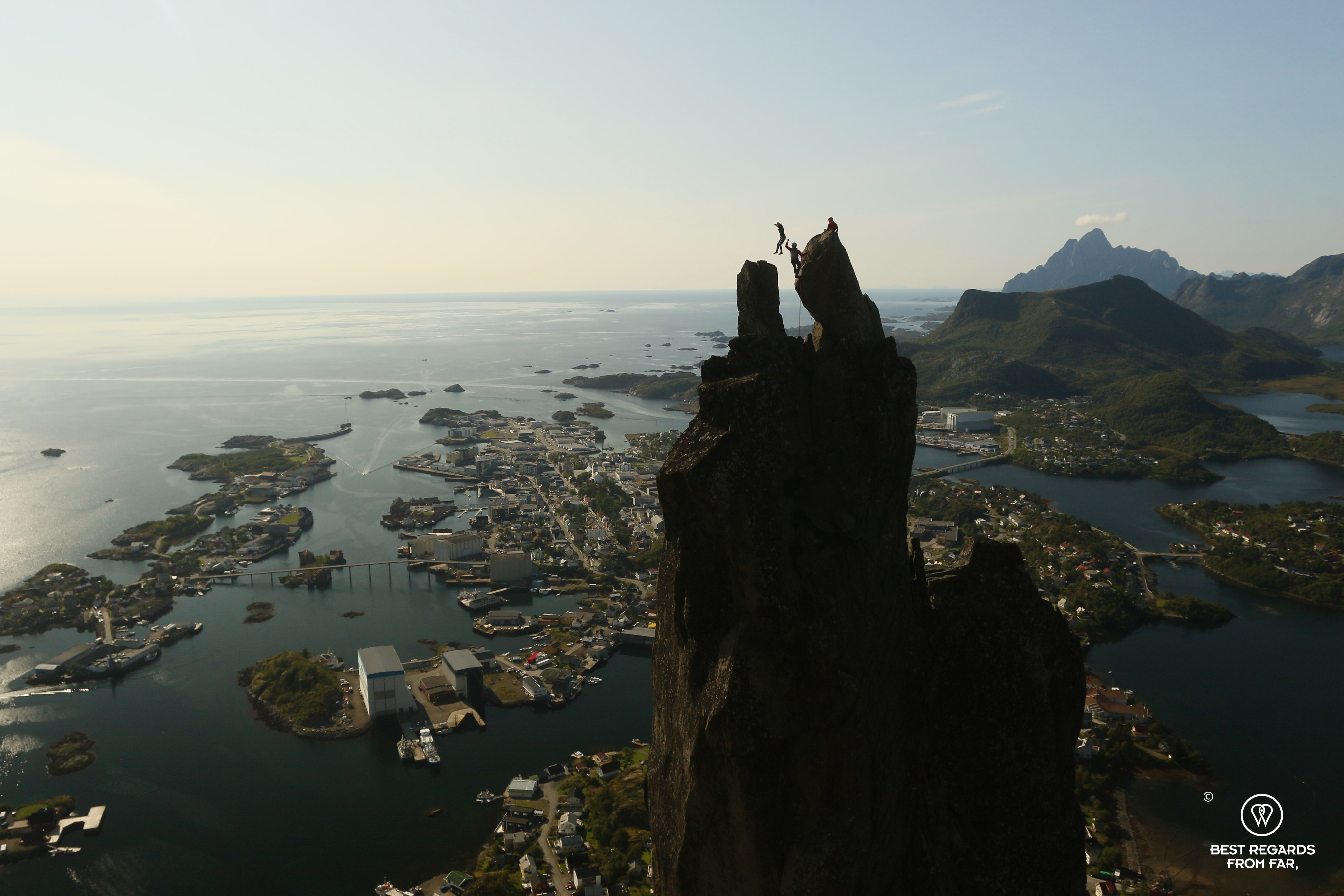 Jumping Svolværgeita overlooking Svolvaer, Norway