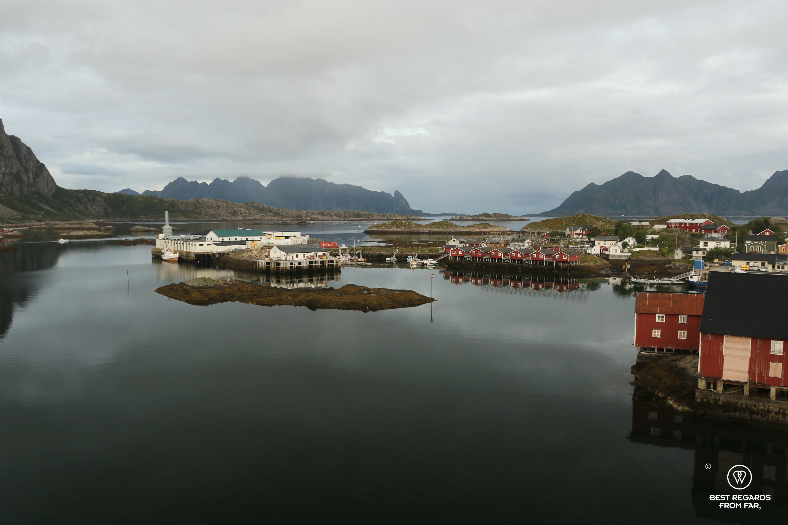 Rorbuer overlooking the water at Svolvaer Svinoya, Lofoten, Norway