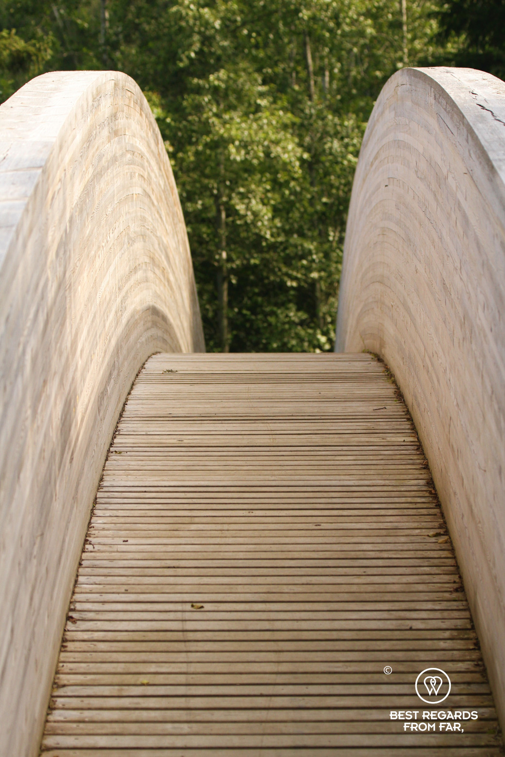 Modern wooden bridge along the Saint Olaf pilgrimage in Munkeby, Norway