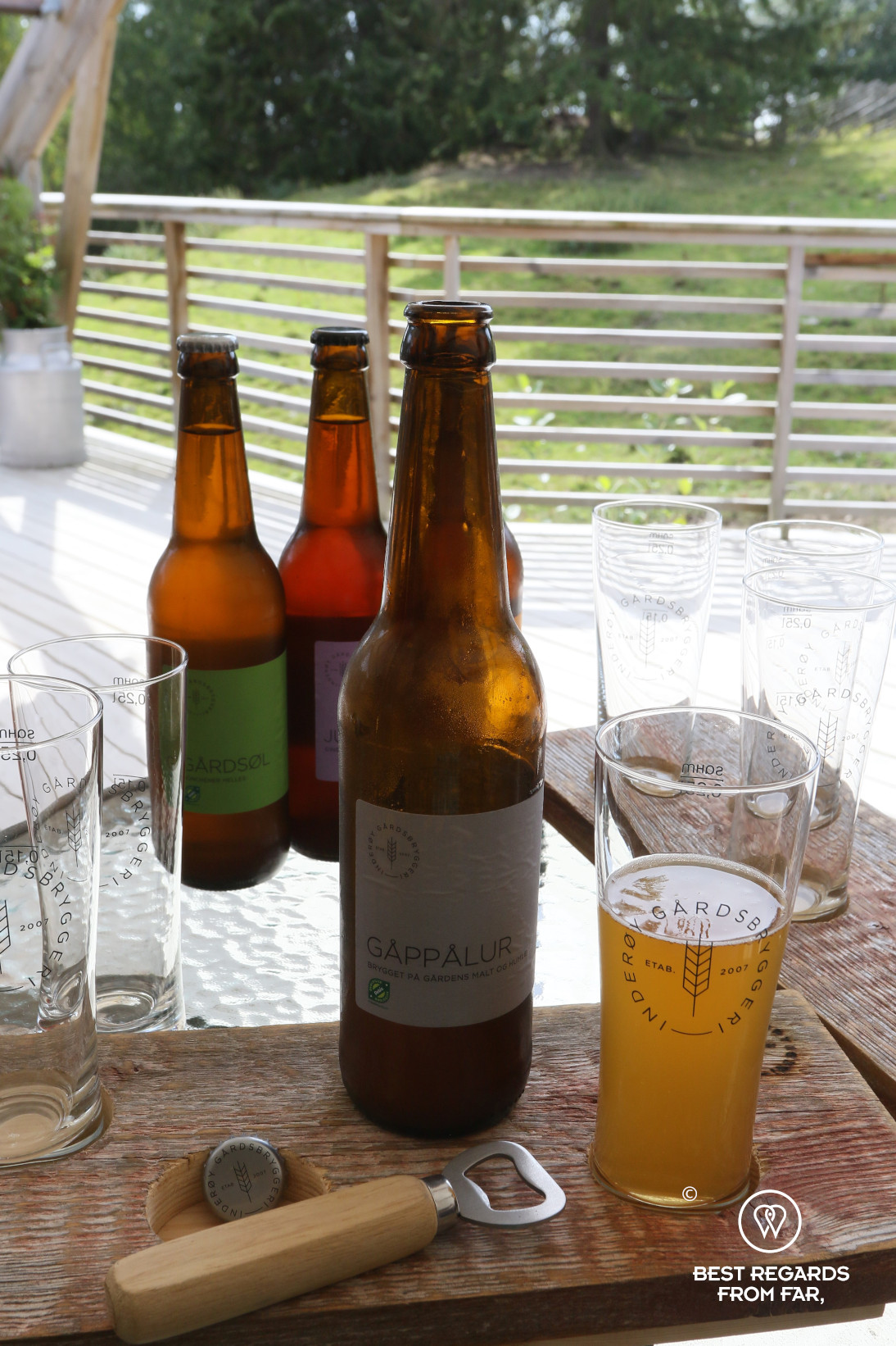 Beer bottles for a tasting at the Gardsbryggeri brewery, Norway