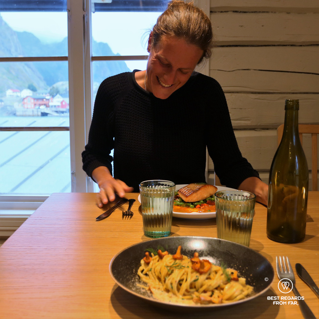 Having dinner at the Gadus restaurant, Lofoten, Norway