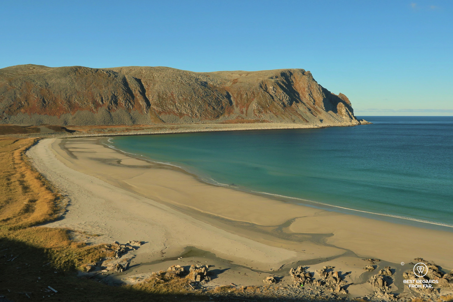 Beach by the camp with turquoise water, Cape Nordkinn
