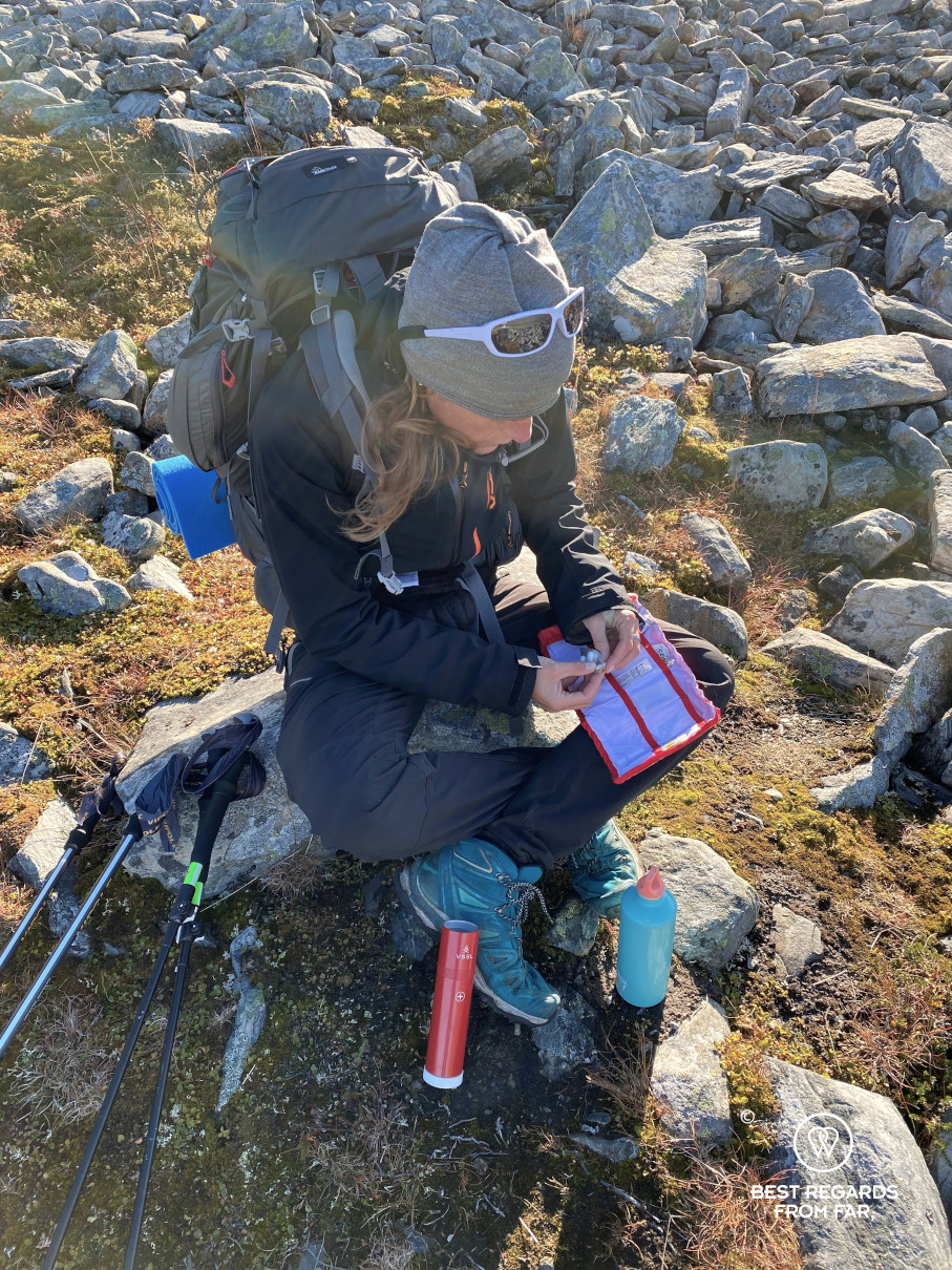 VSSL first aid kit while hiking Kinnarodden, Cape Nordkinn