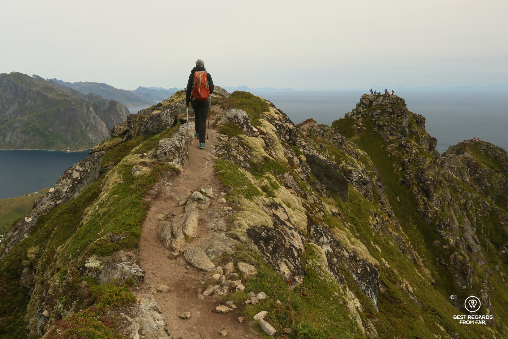 Hiking the ridgeline of Reinebringen, Lofoten, Norway