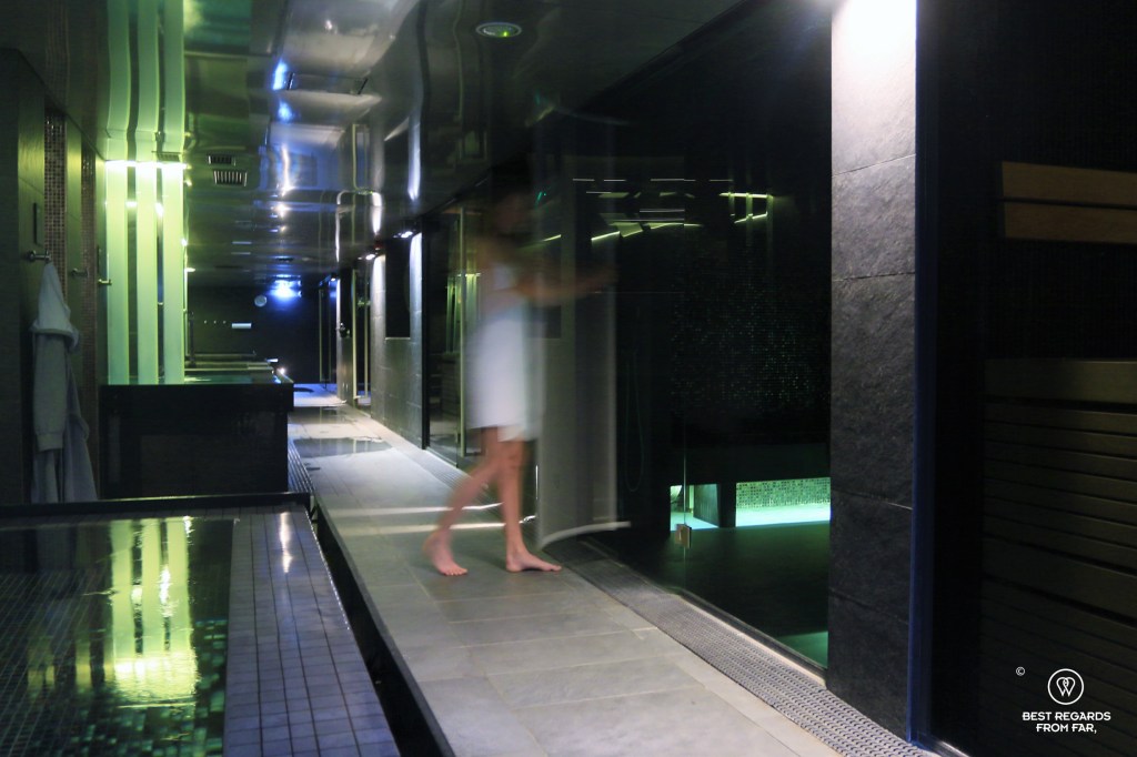 Woman entering the sauna at the Kalev Spa Hotel, Tallinn