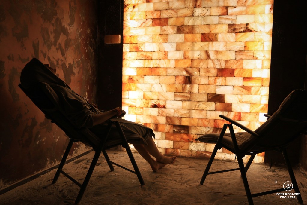 Woman in the Hymalayan salt sauna at Kalev Spa Hotel, Tallinn