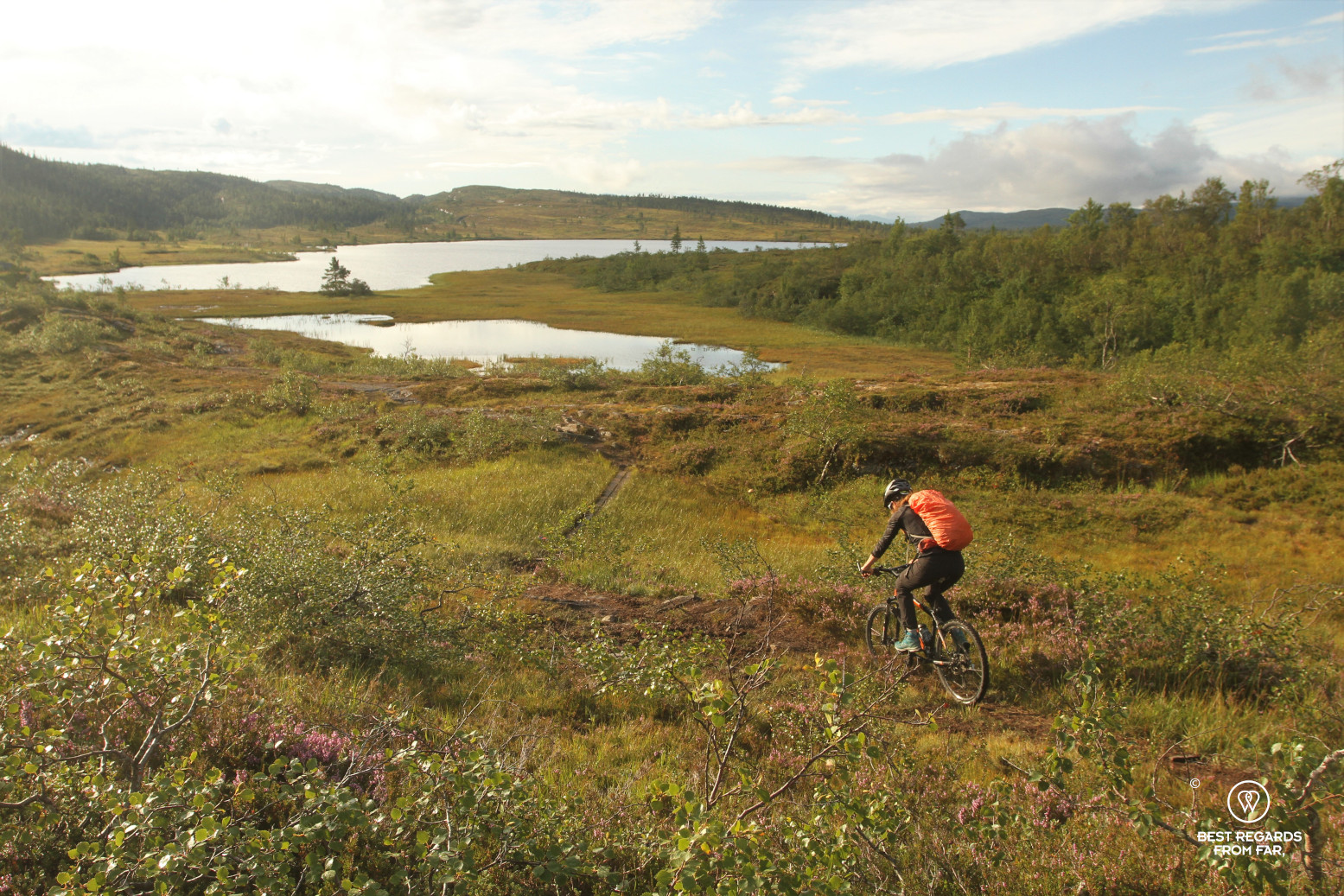 Mountain biking by lakes to Gjefjøen, Norway