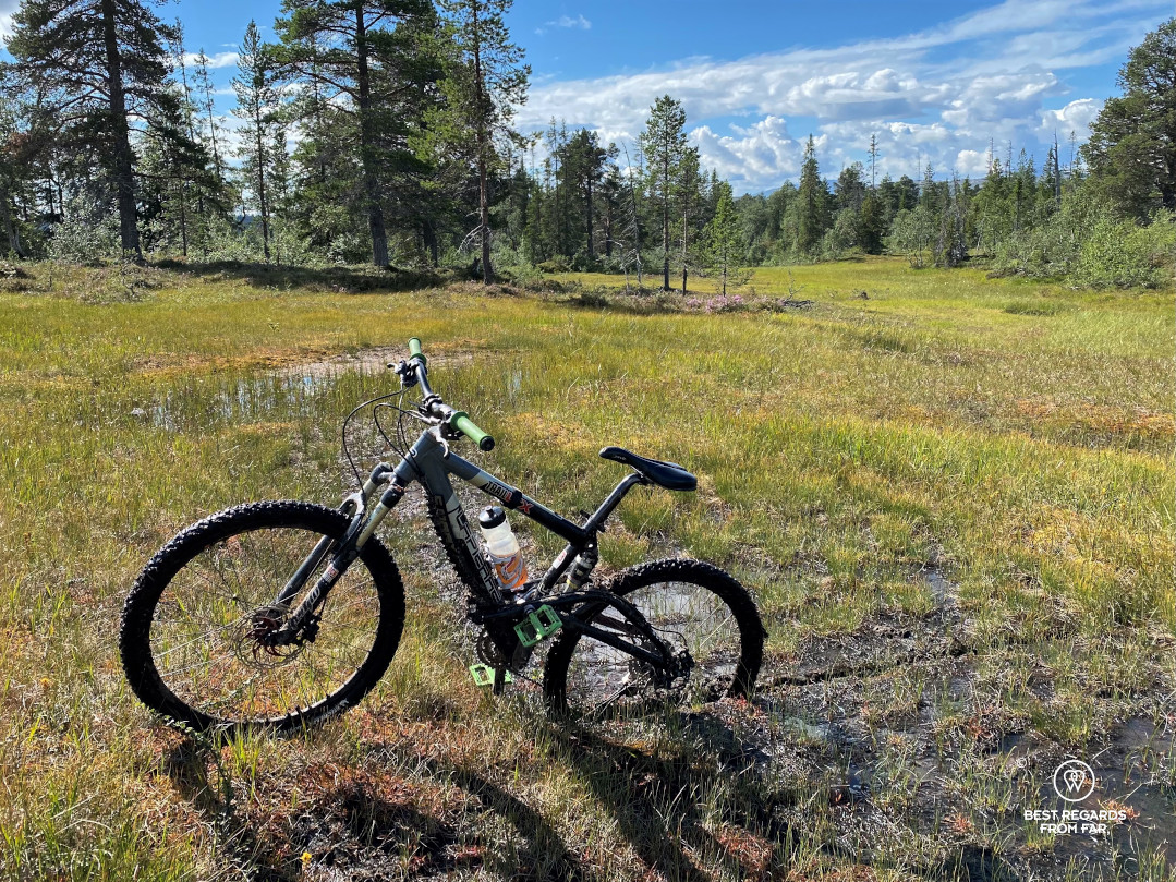 Mountain bike standing straight in the mud through the Norwegian marshes