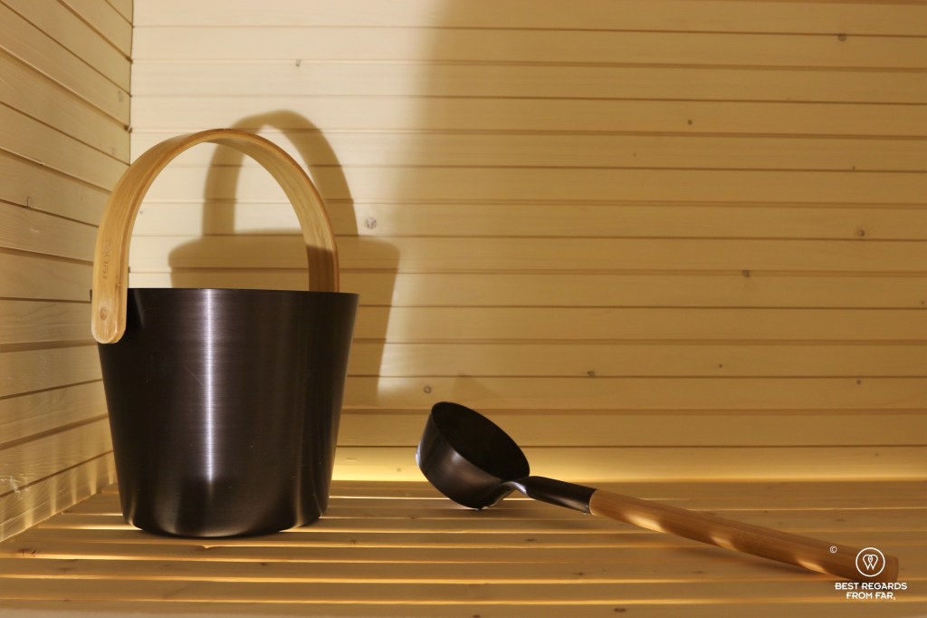 Bucket and ladle in the private sauna at Nova Skyland Hotel, Rovaniemi