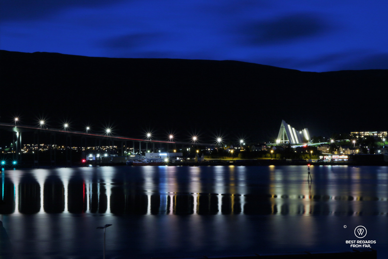 View on Arctic Cathedral from Scandic Ishavshotel at night, Tromso
