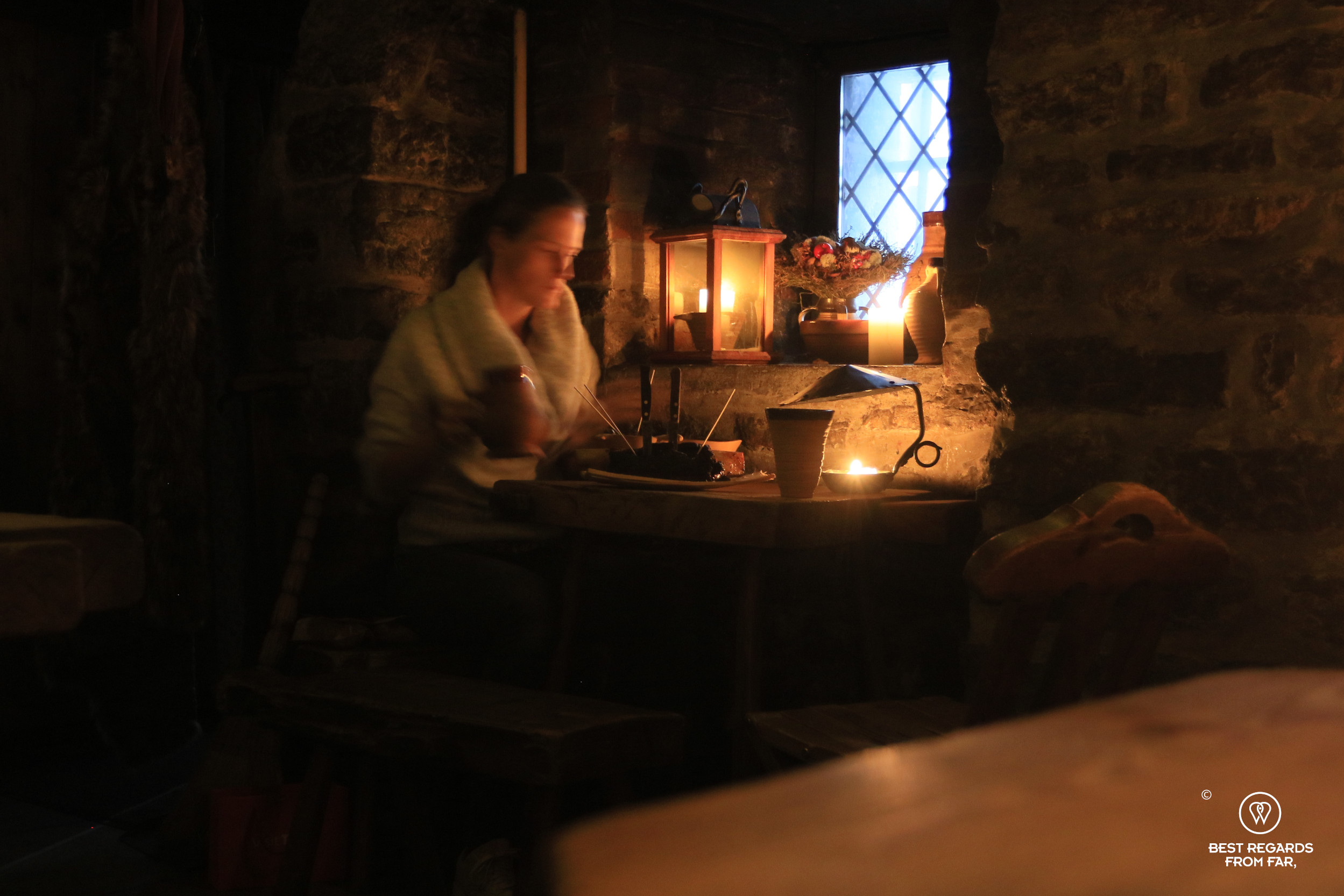 Having food in the III Draakon medieval restaurant, Tallinn