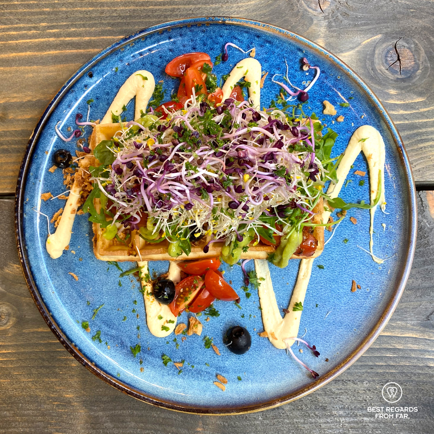 Waffle with colorful toppings at Bar Leuv, Leuven