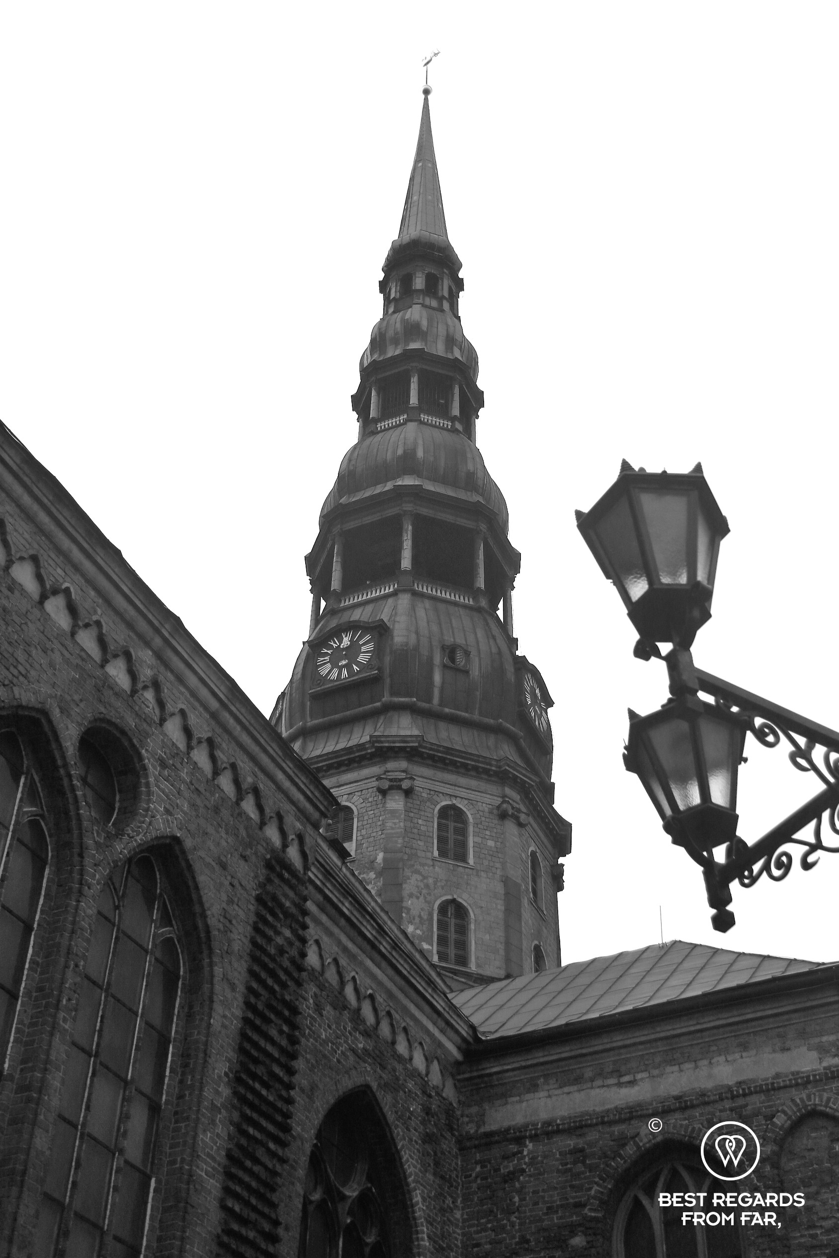 Blanc and white photo of Saint Peter's Church, Riga, Latvia