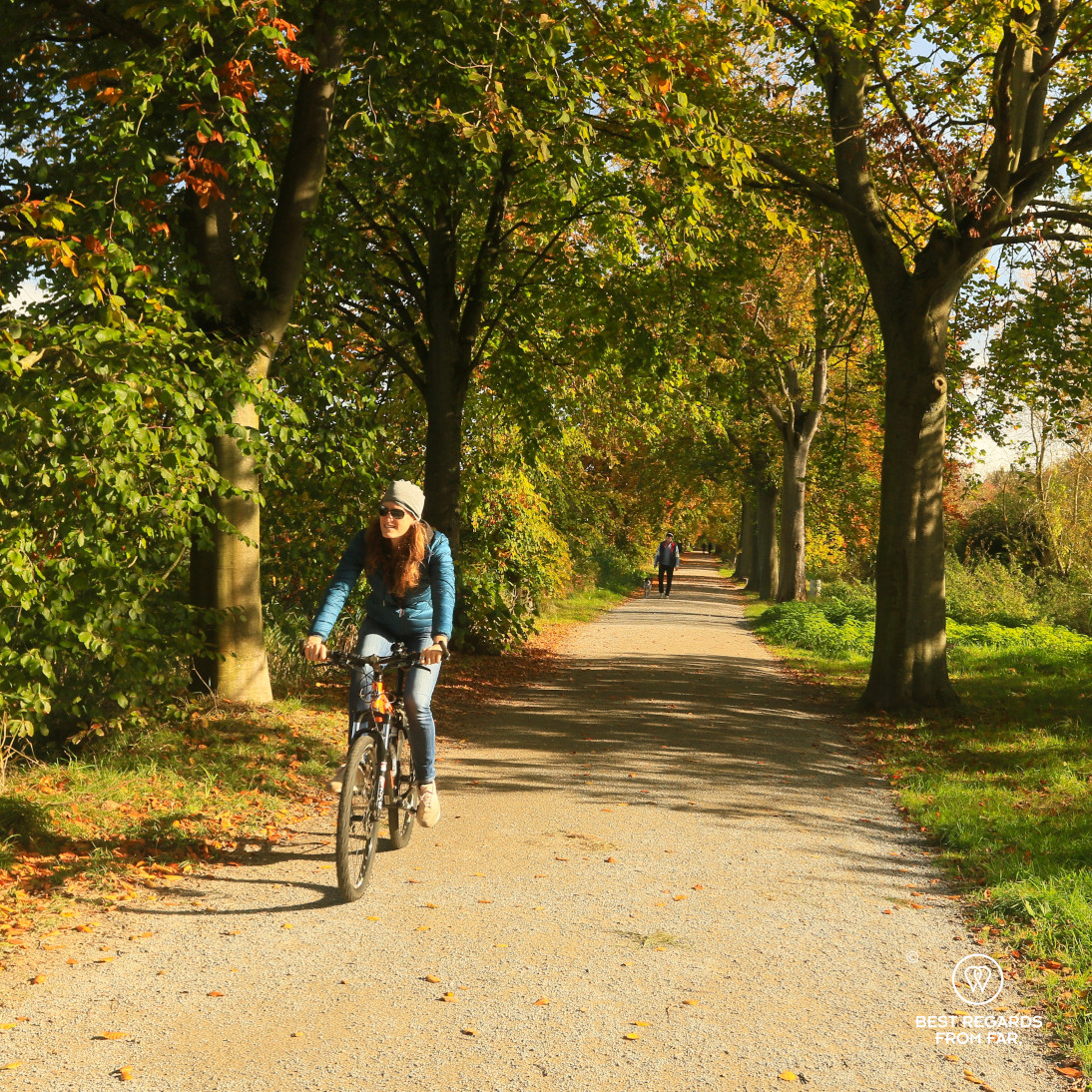 Author Marcella van Alphen biking a tree-lined alley on the grounds of Park Abbey, Leuven