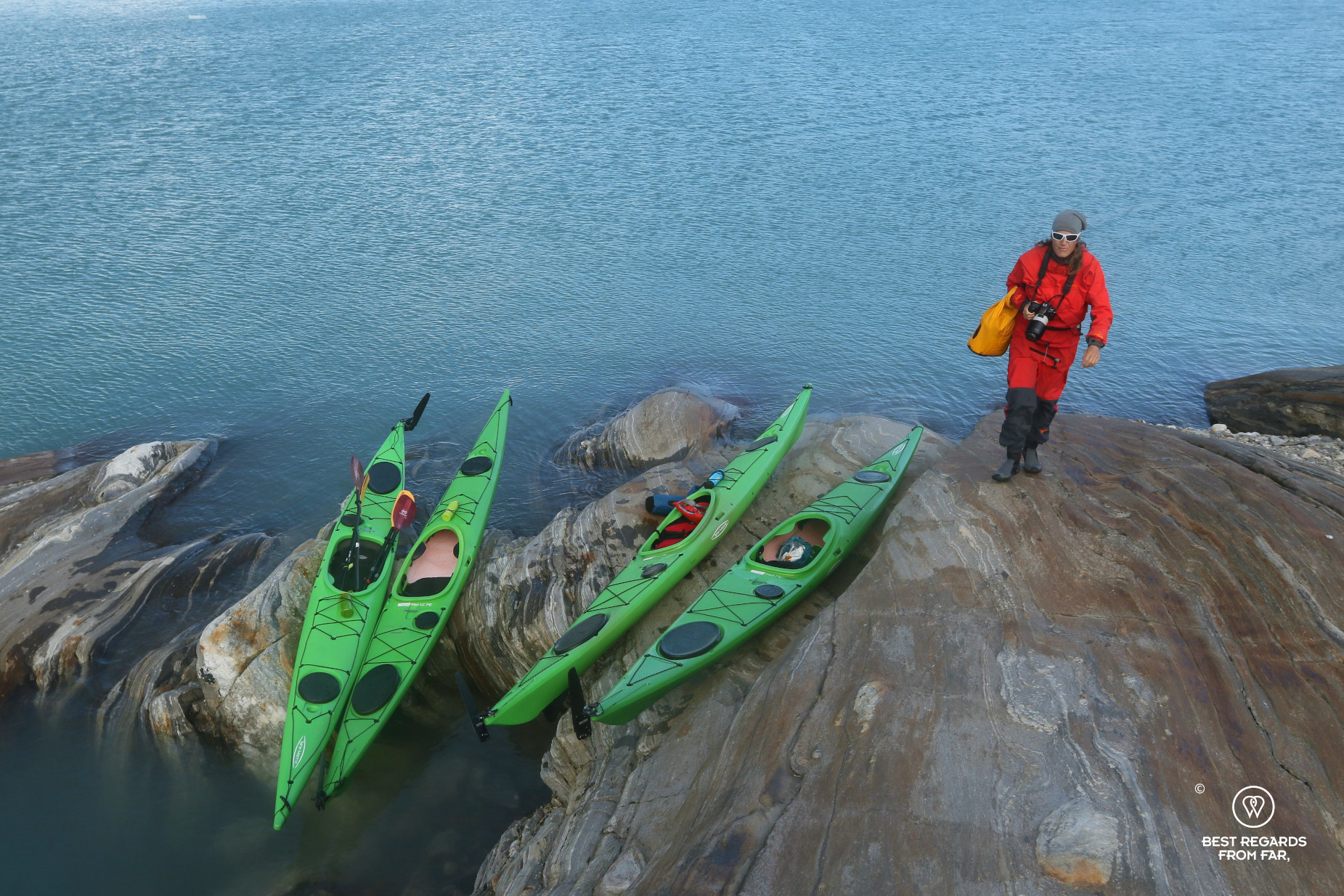 Kayaks on the shore of the arctic Storglomvatnet Lake