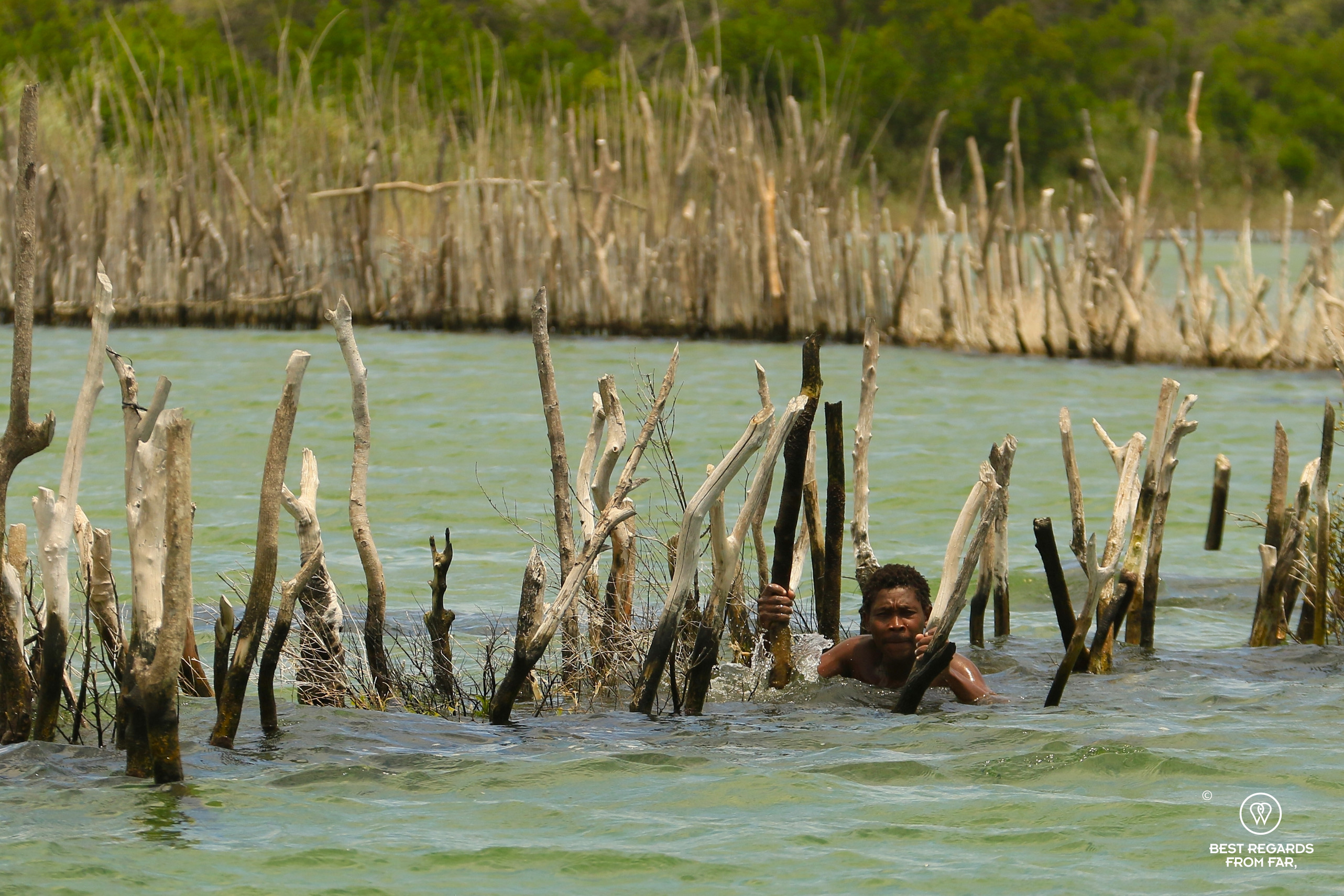 Fisherman maintaining his sustainable fish traps in Kosi Bay