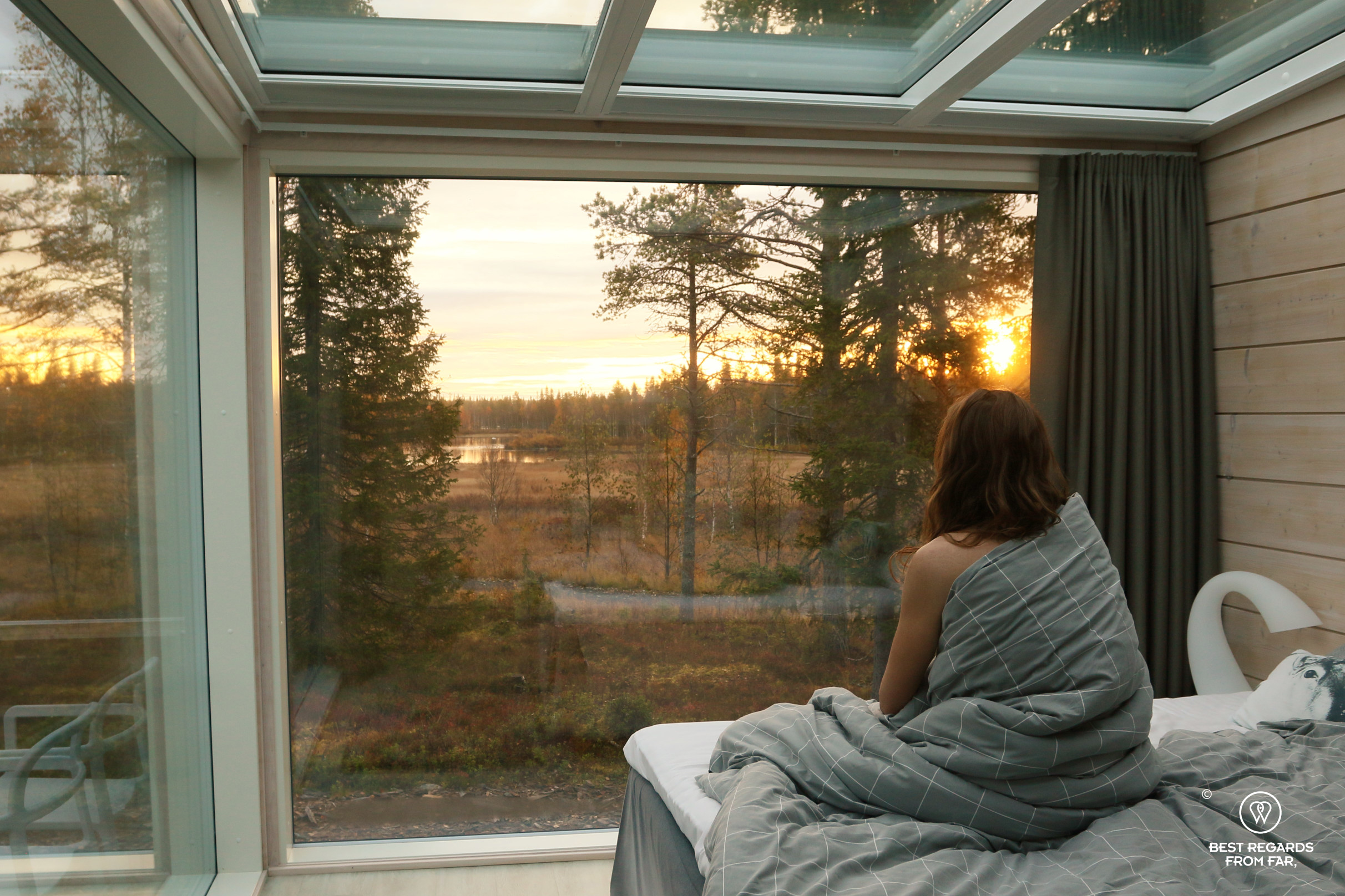 Admiring nature from the Aurora cabin at Iisakki Village, Finland