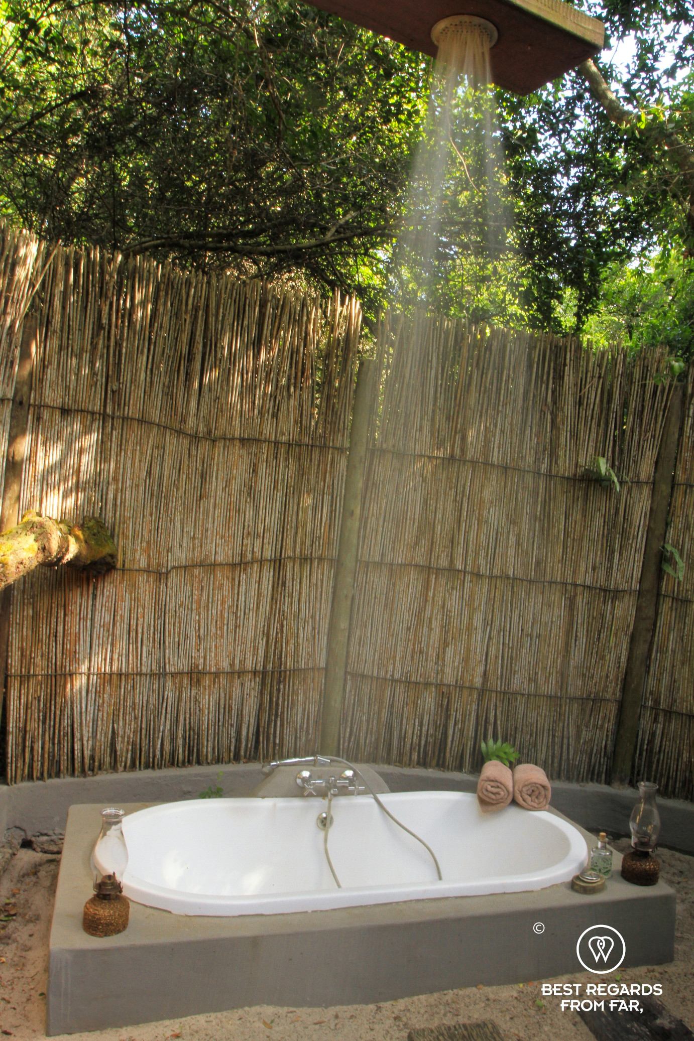 Outside shower and bathtub at Isibindi Kosi Forest Lodge, Kosi Bay
