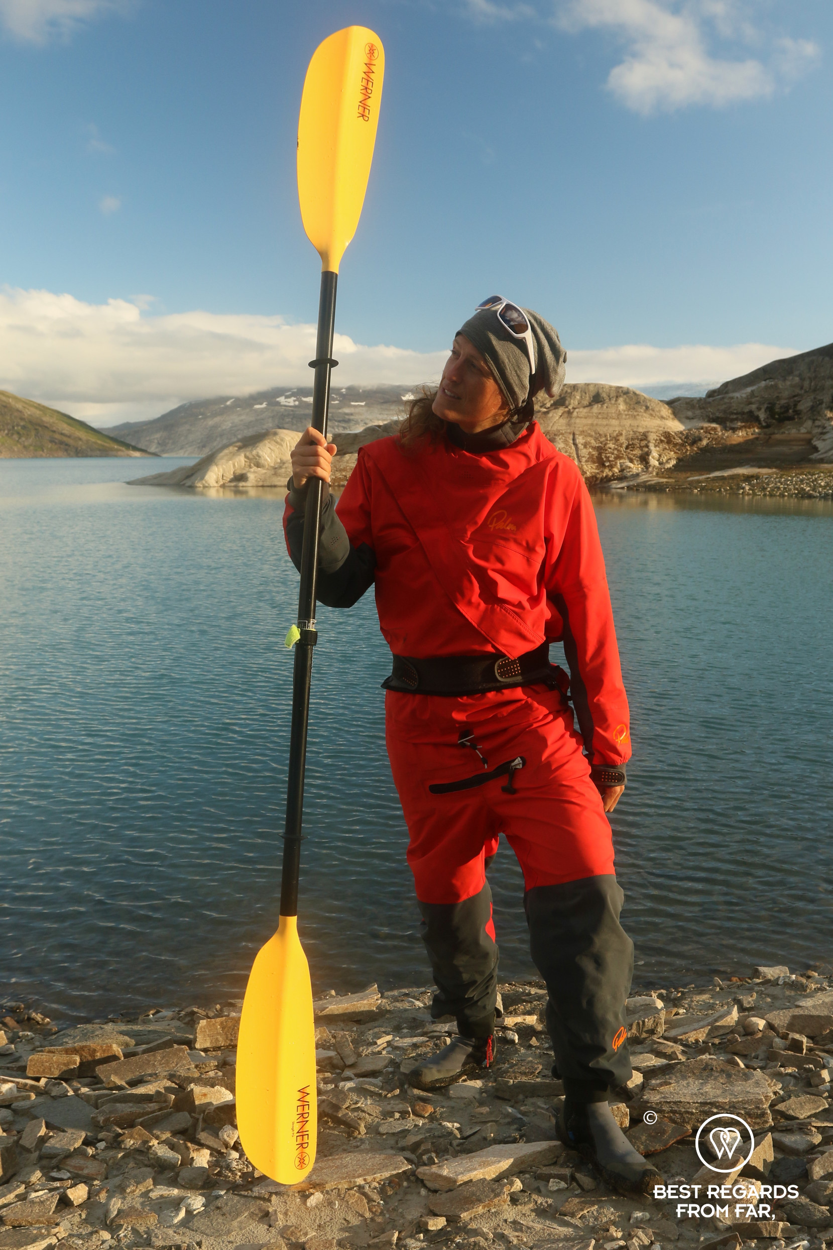 Author Marcella van Alphen in her dry suit ready to paddle