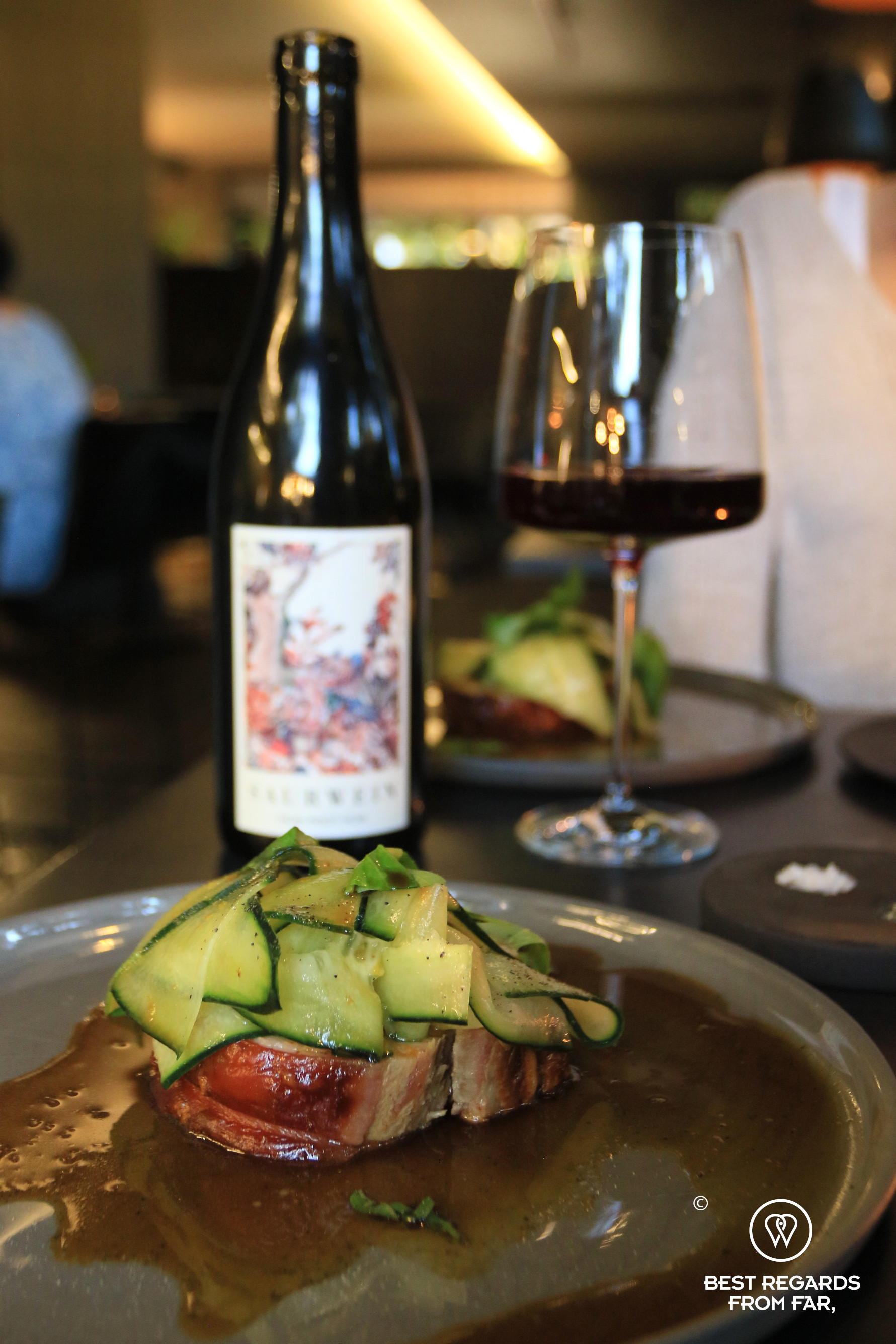 Pork with cucumber marinated in peach and anchovy jus, ëlgr, Cape Town